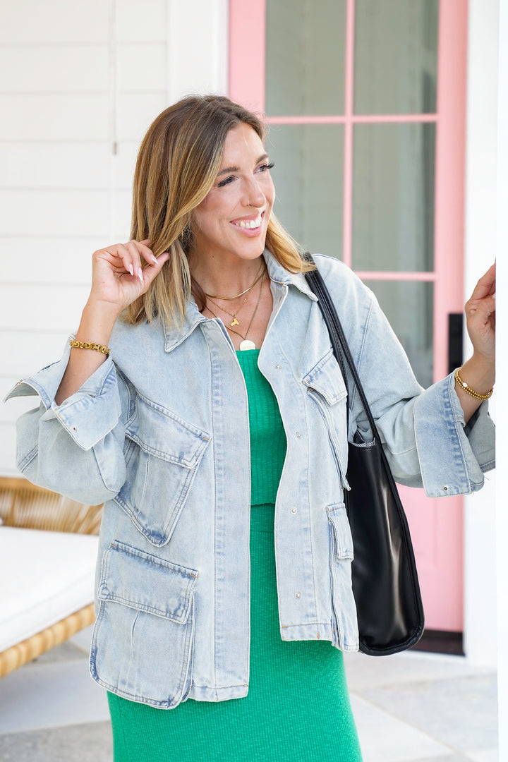 Restock! Veveret Light Wash Long Sleeve Utility Jacket