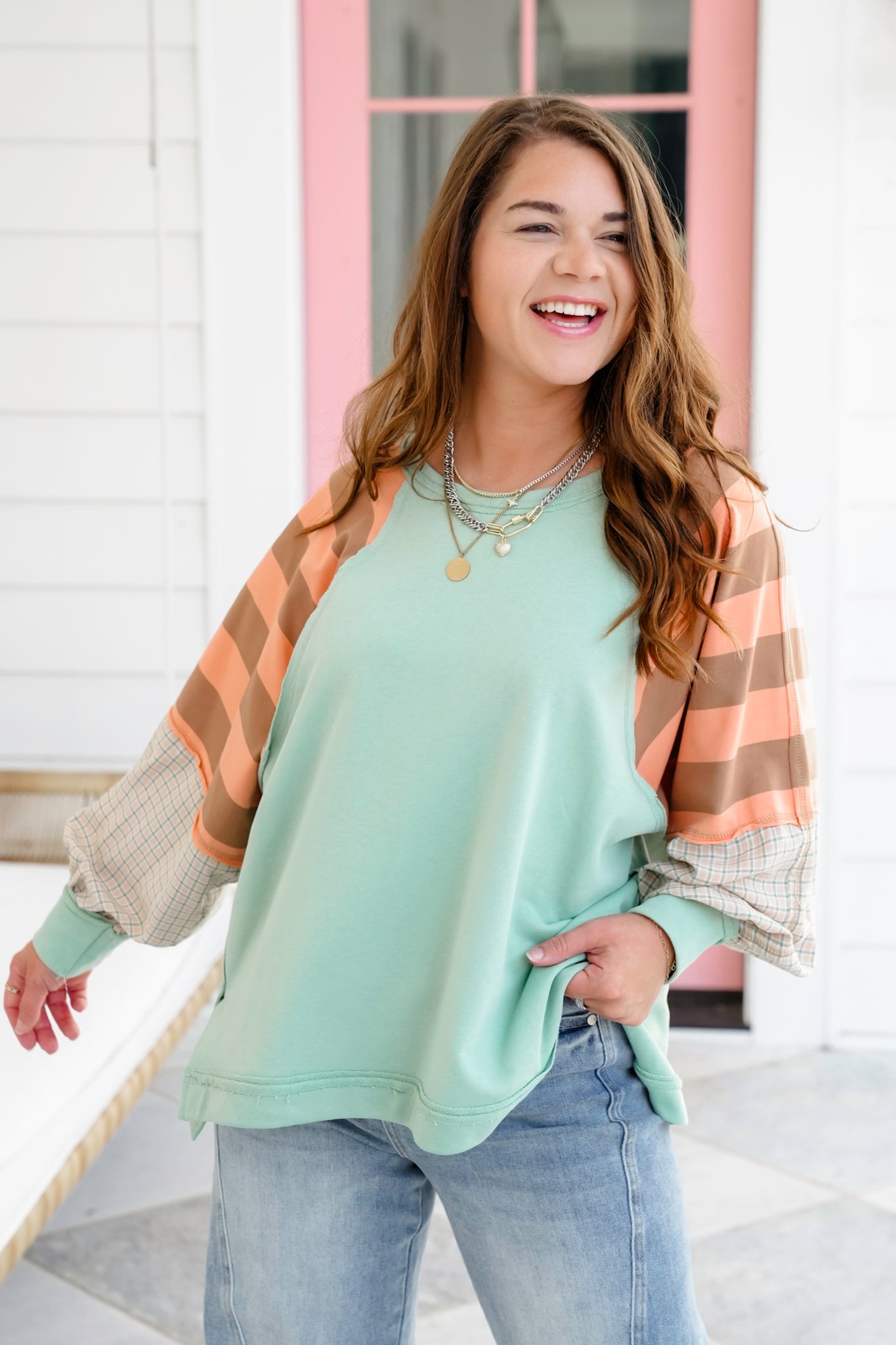 Solid Long Sleeve Round Neck Top with Stripe Detail
