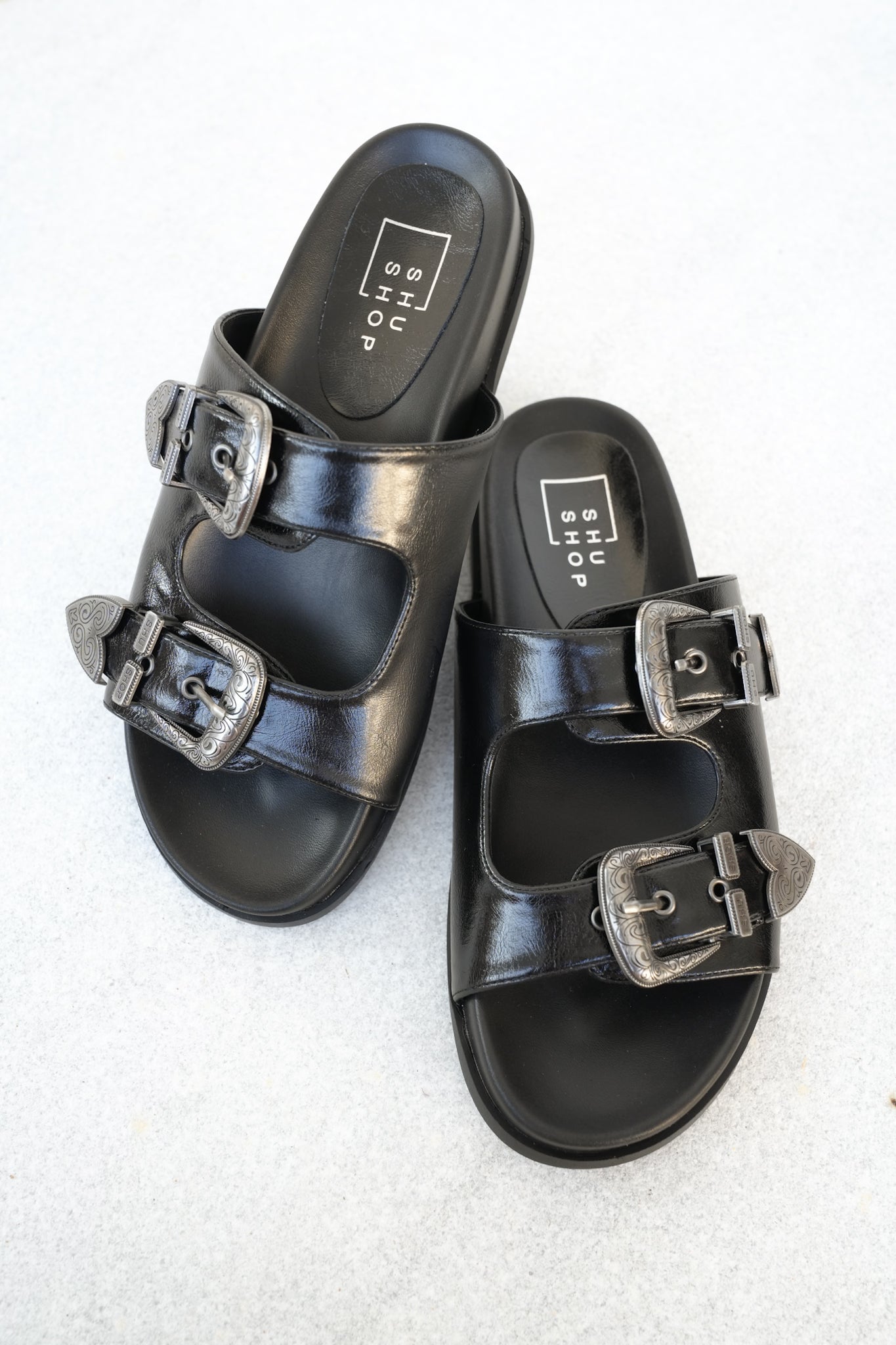 Western Buckle Double Strap Slide Sandal
