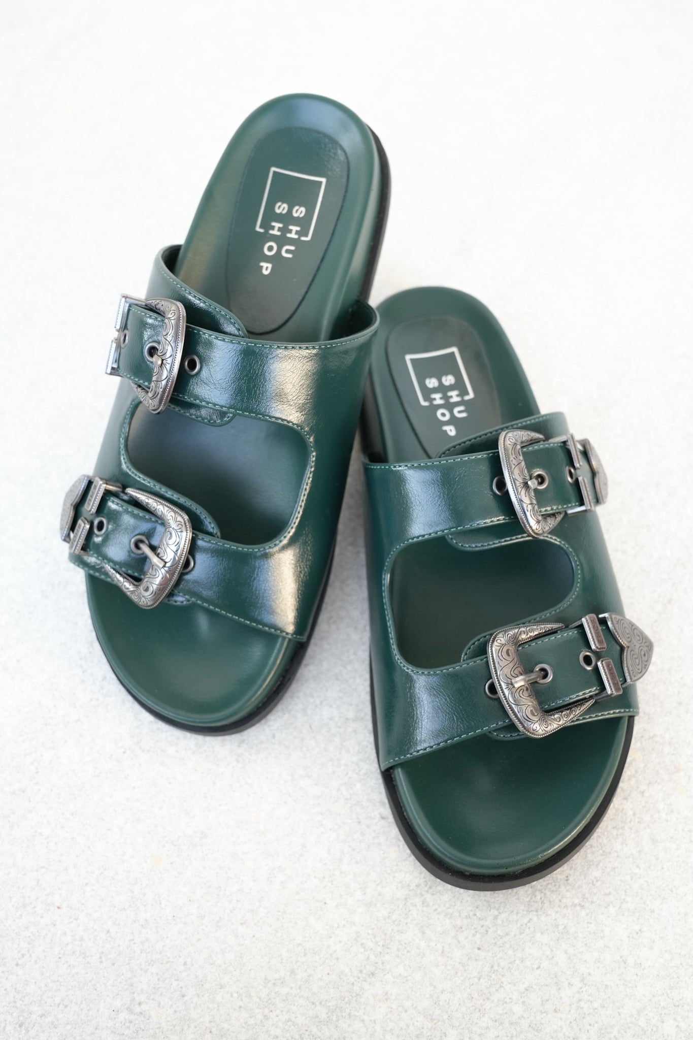 Western Buckle Double Strap Slide Sandal