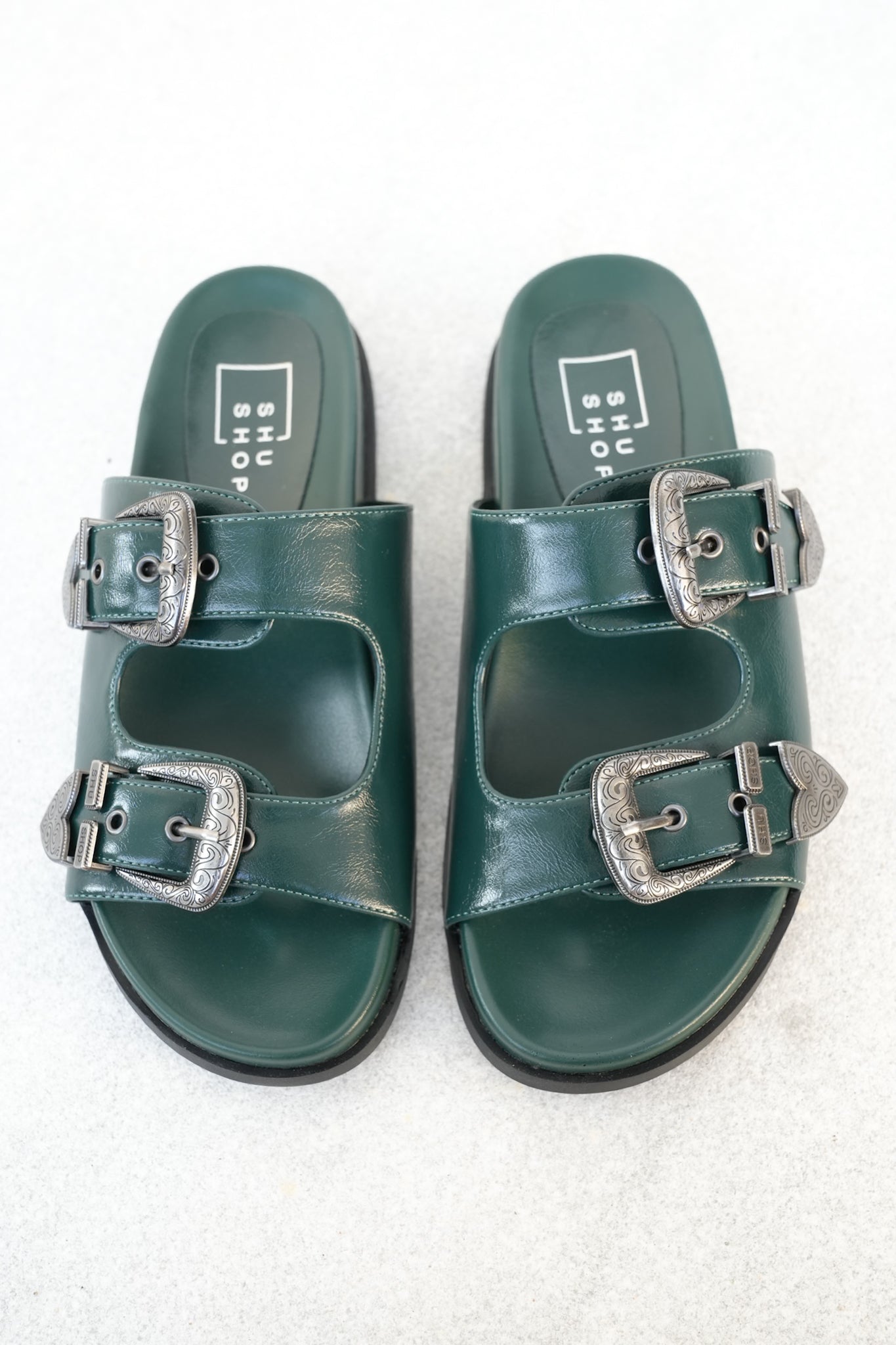 Western Buckle Double Strap Slide Sandal