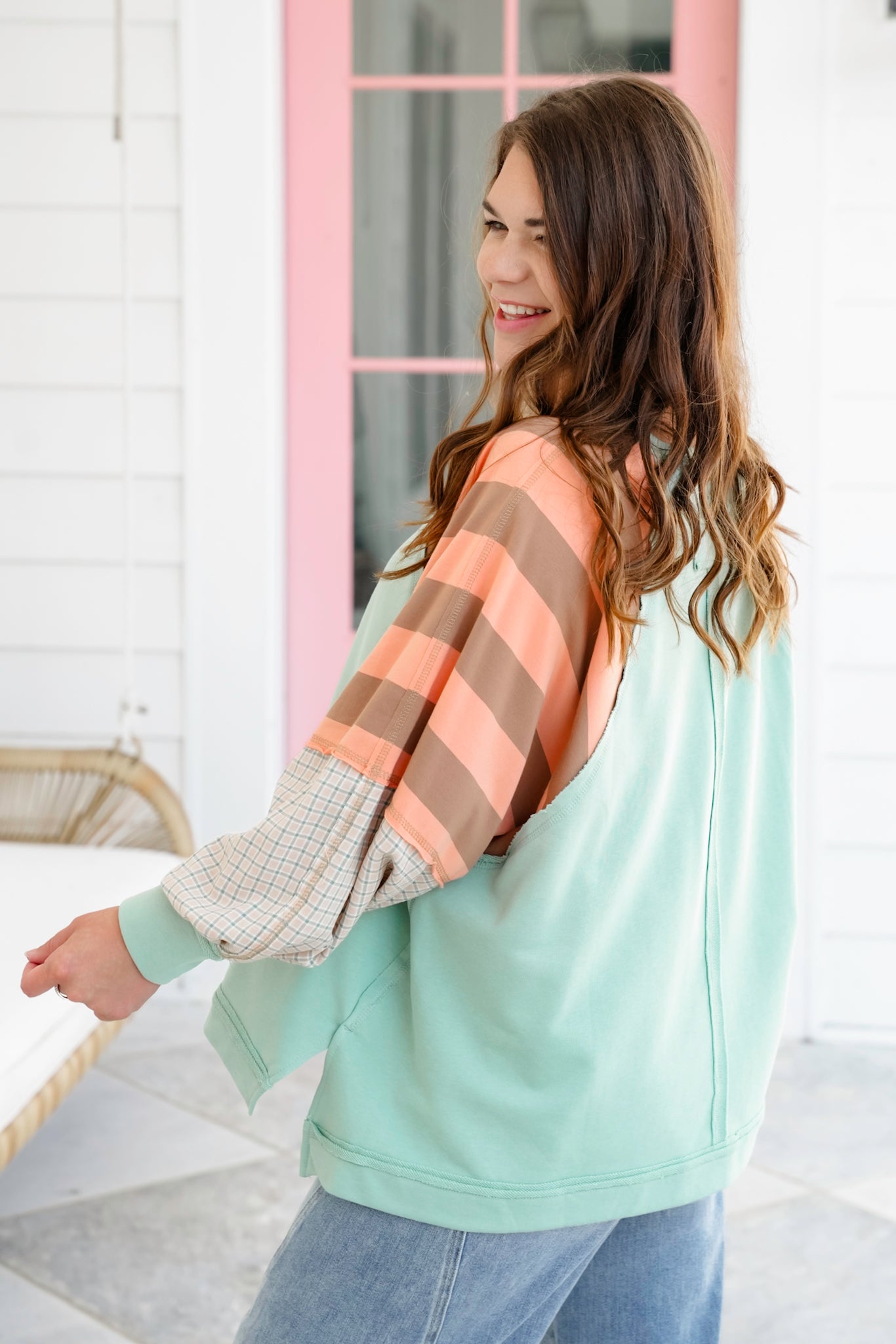 Solid Long Sleeve Round Neck Top with Stripe Detail