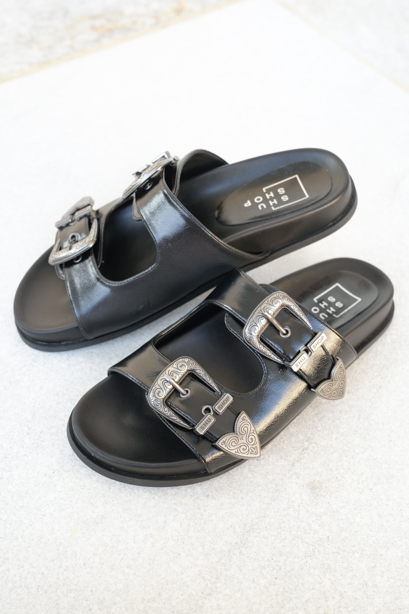 Western Buckle Double Strap Slide Sandal