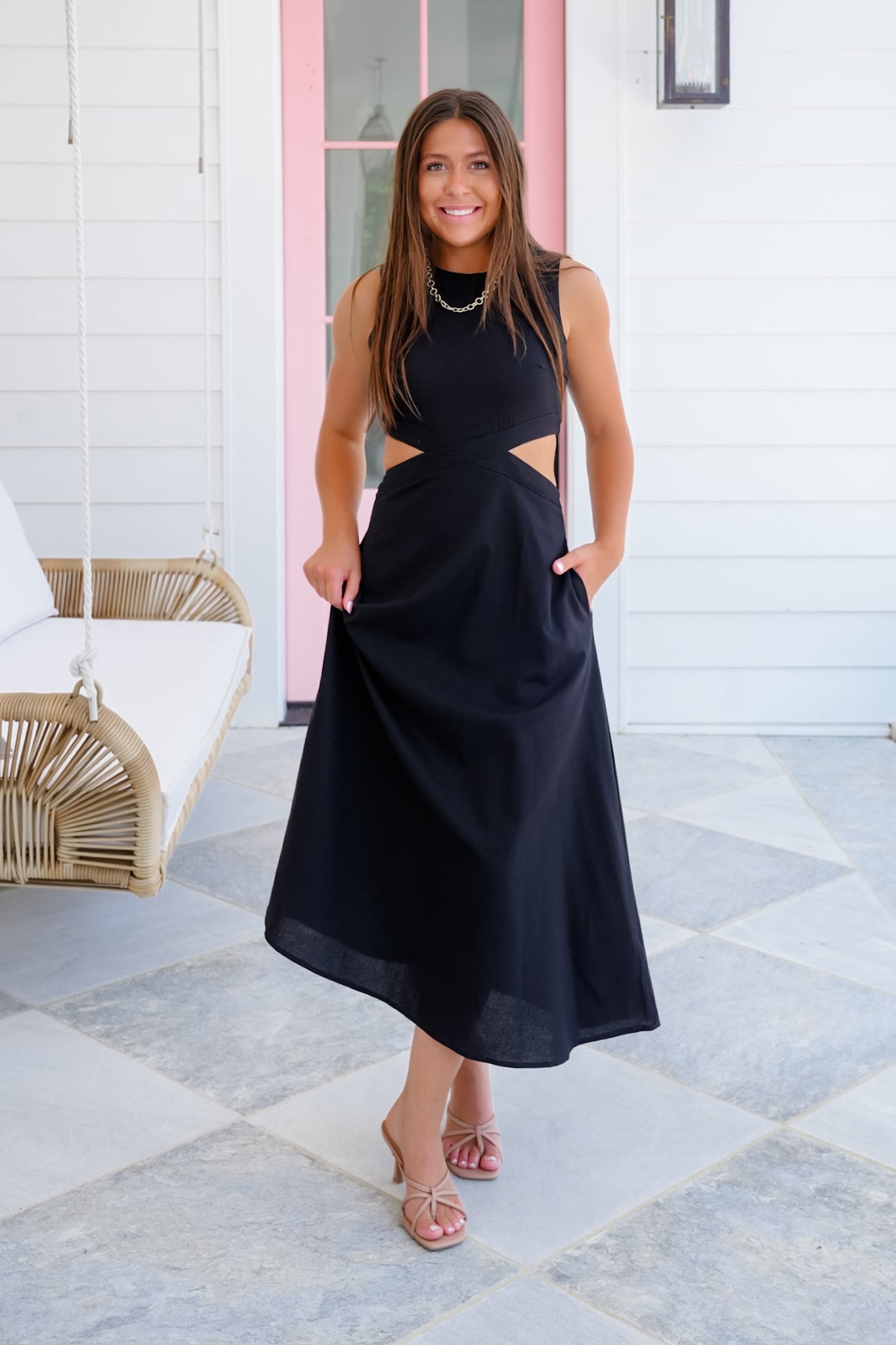 Linen Blend Sleeveless Midi Dress with Cut Out Detail