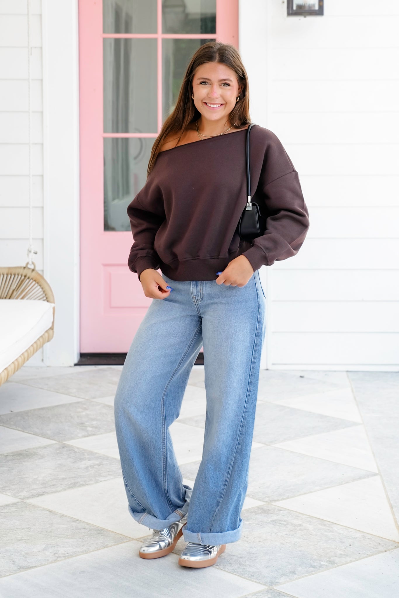 Plus/Reg French Terry Long Sleeve Off Shoulder Top