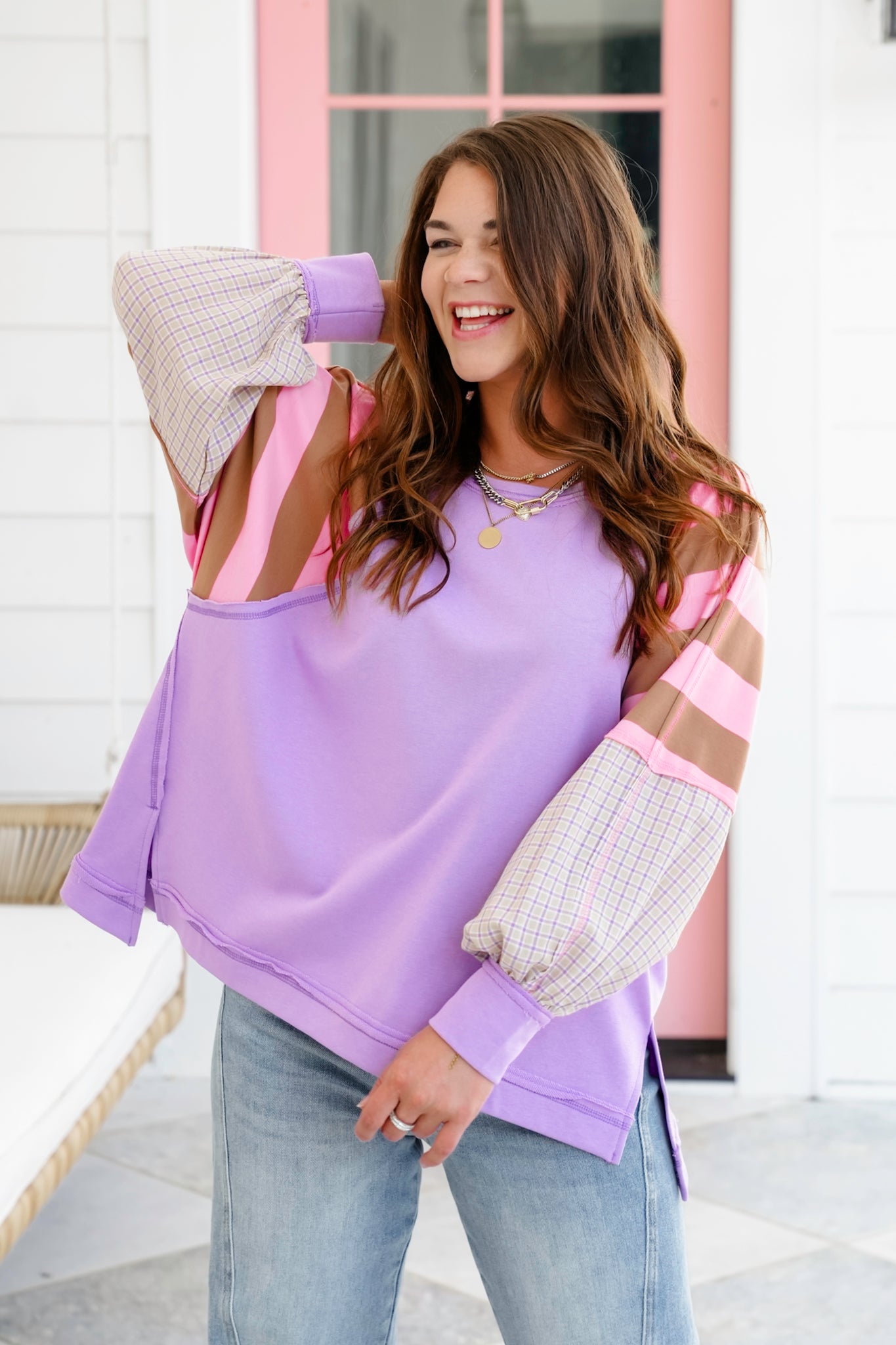 Solid Long Sleeve Round Neck Top with Stripe Detail