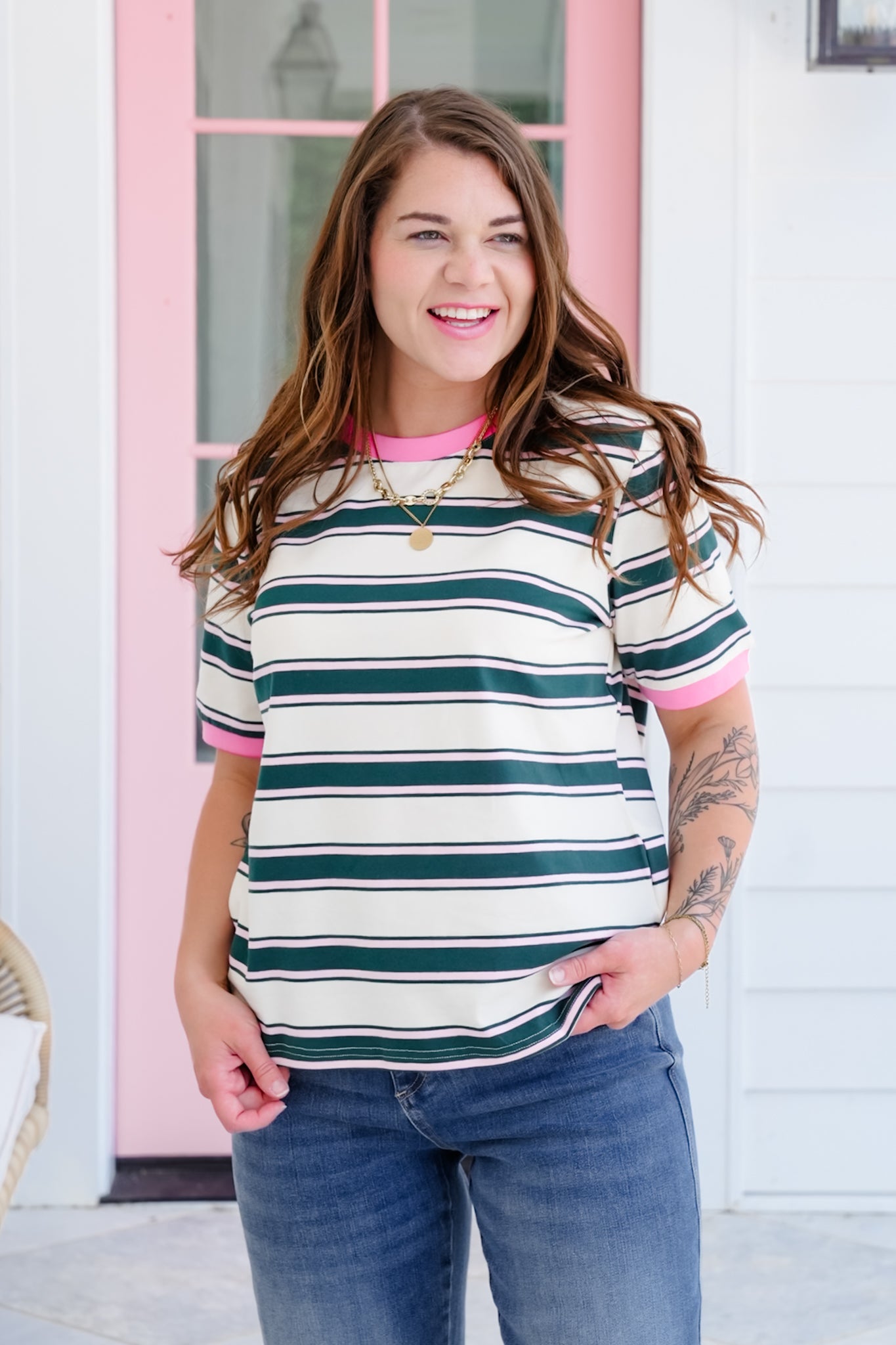 Plus/Reg Stripe Short Sleeve Top with Contrast Detail