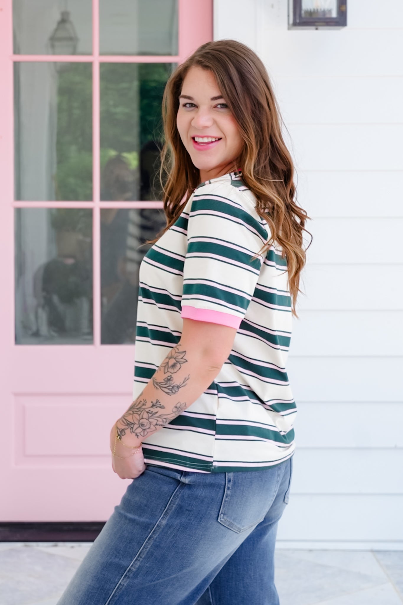 Plus/Reg Stripe Short Sleeve Top with Contrast Detail