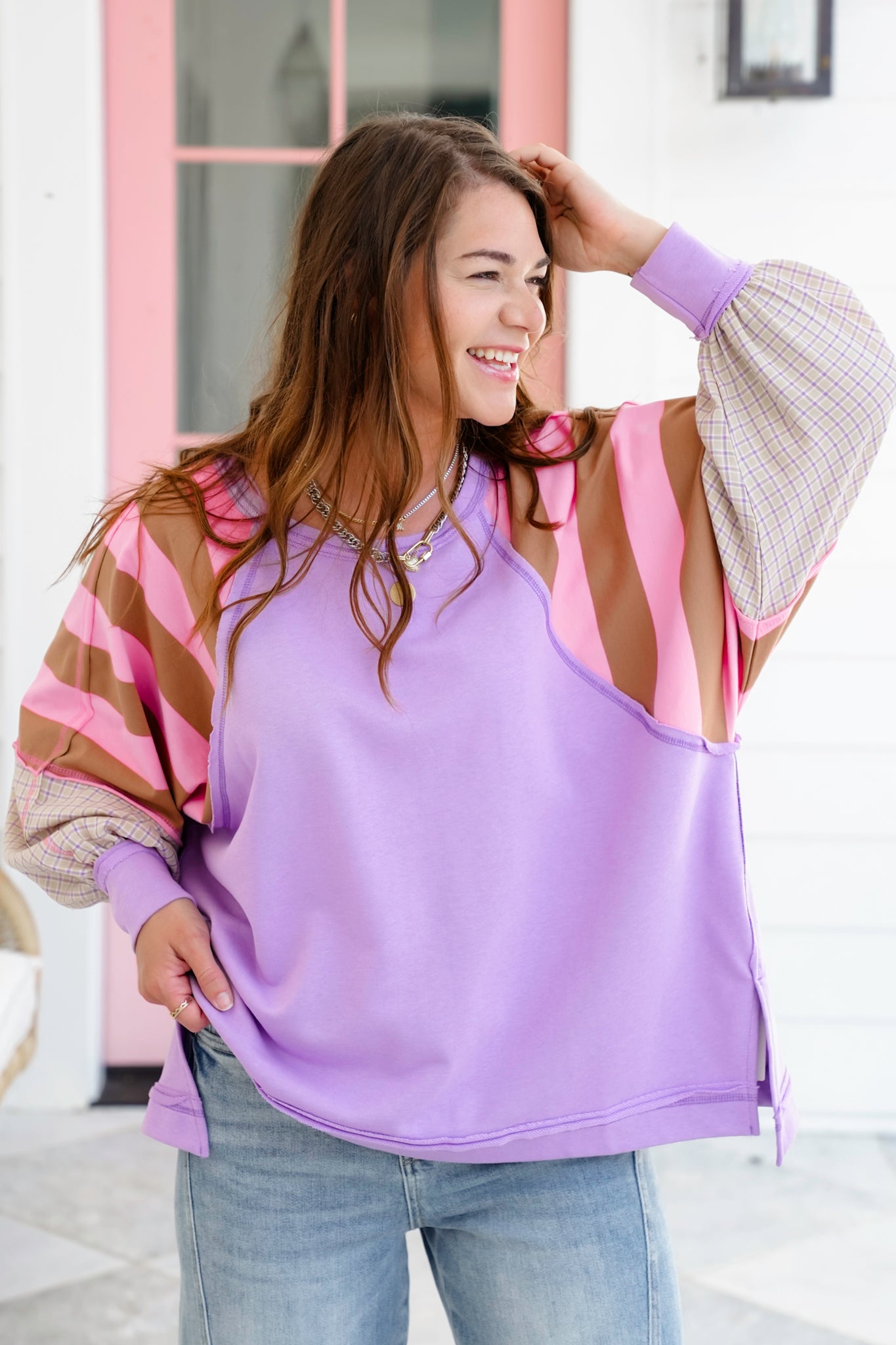 Solid Long Sleeve Round Neck Top with Stripe Detail
