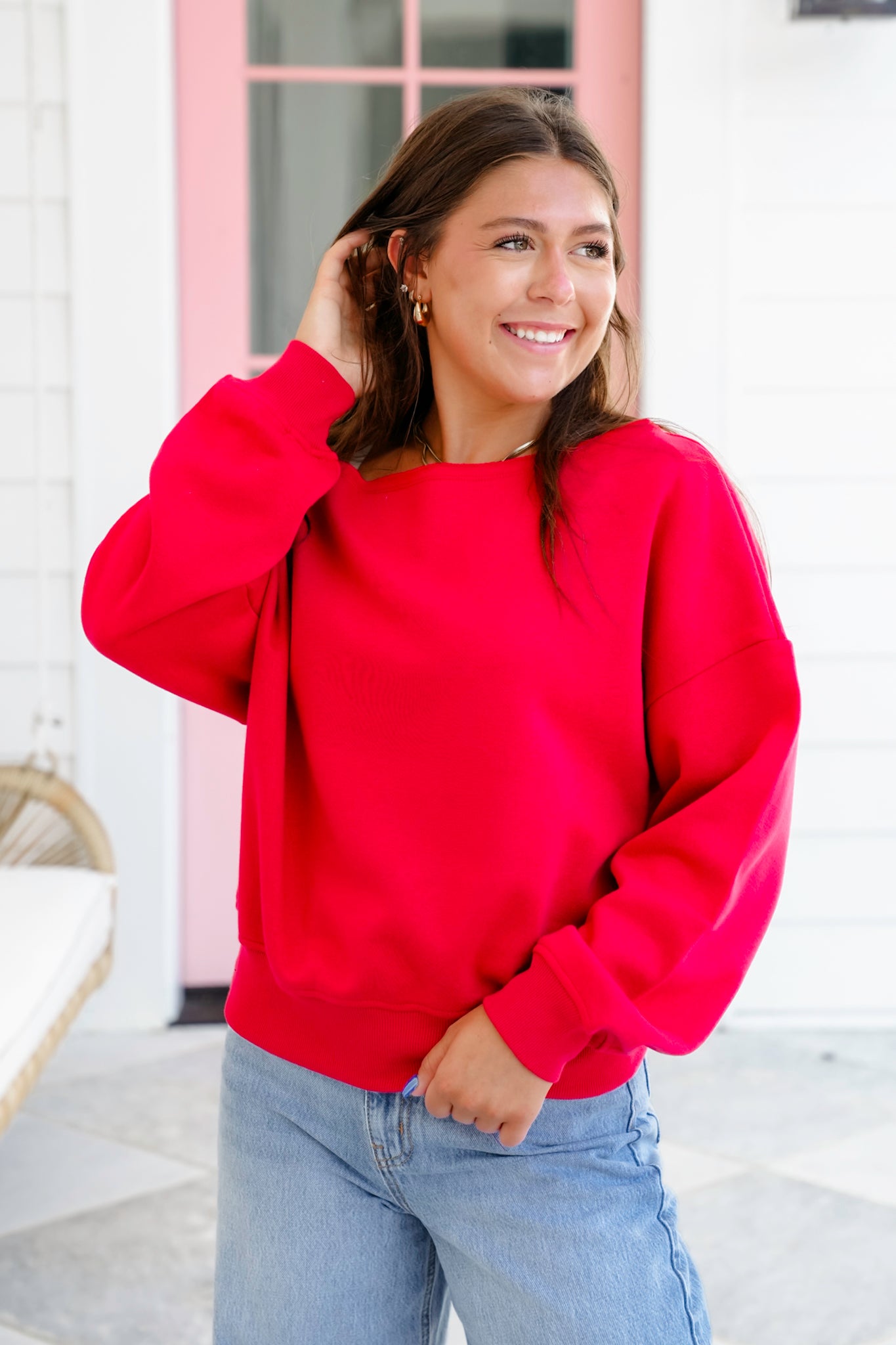 Plus/Reg French Terry Long Sleeve Off Shoulder Top