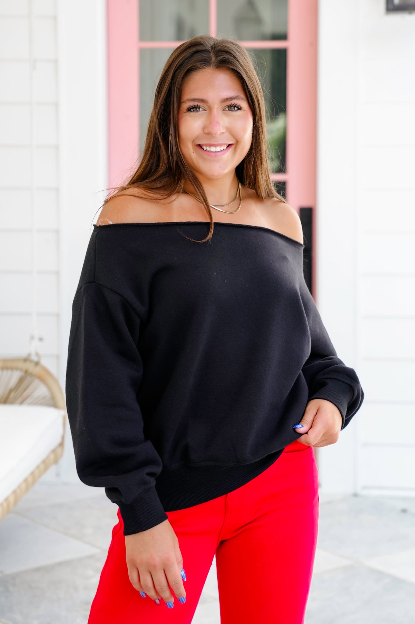 Plus/Reg French Terry Long Sleeve Off Shoulder Top