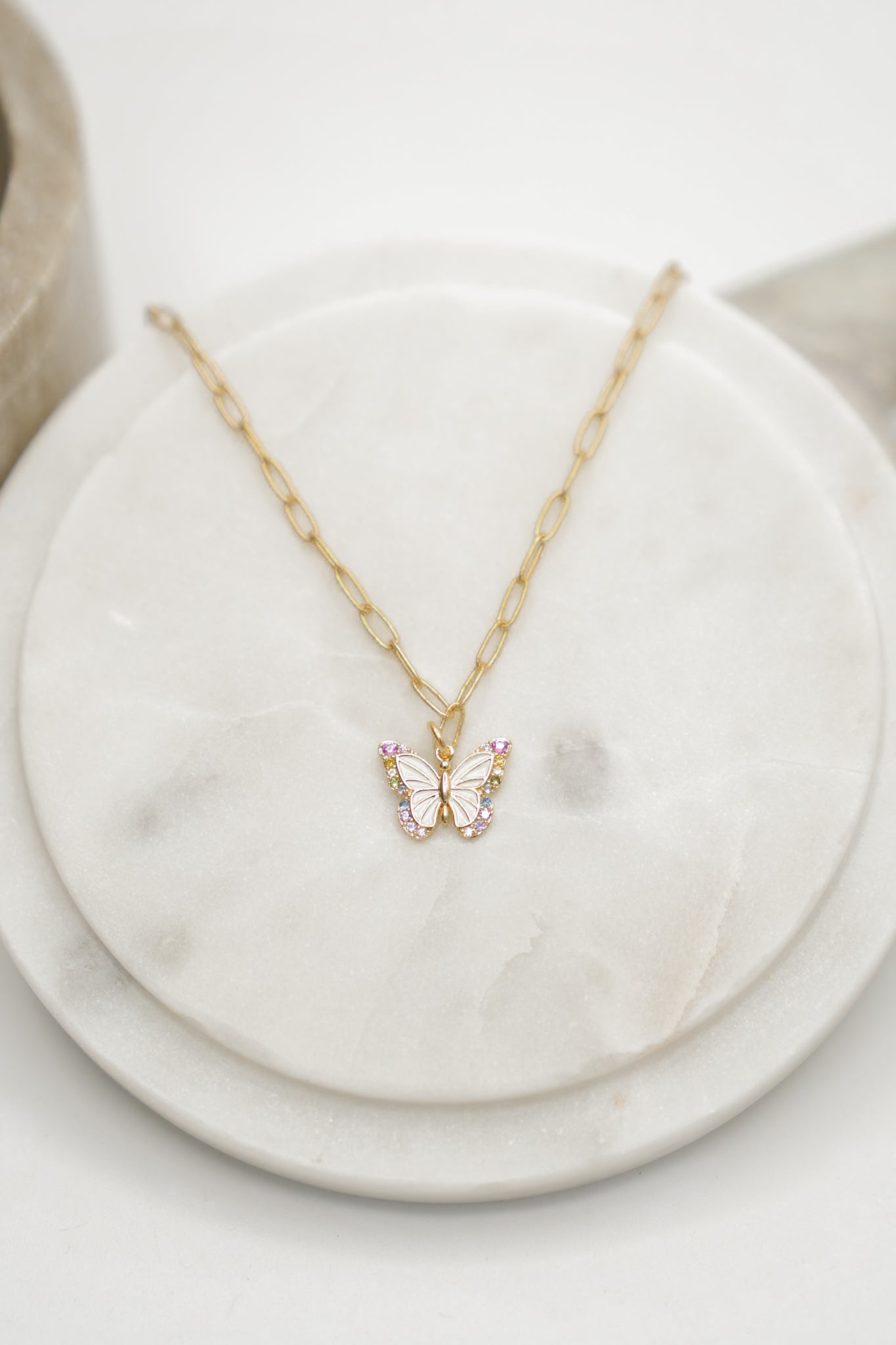 Love, Poppy Butterfly Kisses Gem Detailed Paper Clip Chain Necklace