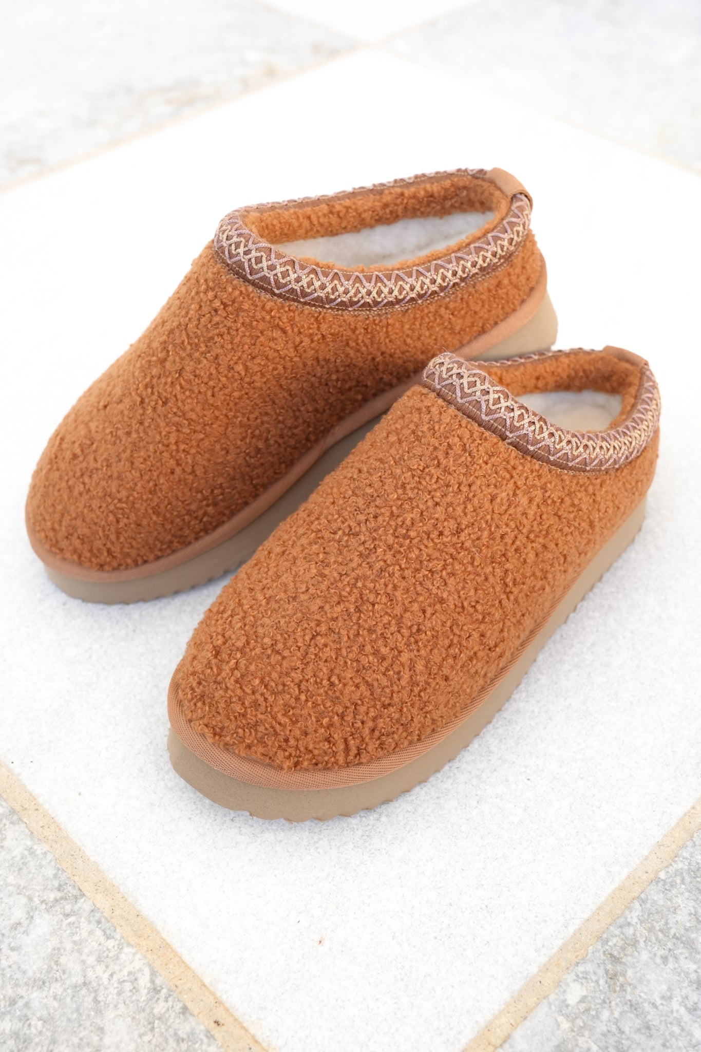 Corky's "Sleepy Head" Cozy Shearling Slip On Slippers with Embroidered Trim