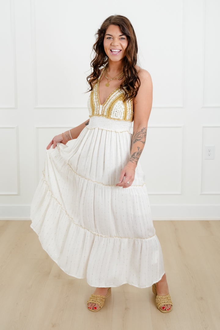 POL Ivory Sleeveless Tiered Maxi Dress with Gold Accents