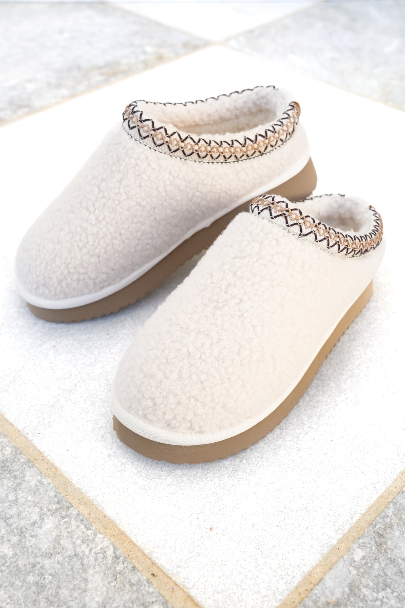 Corky's "Sleepy Head" Cozy Shearling Slip On Slippers with Embroidered Trim
