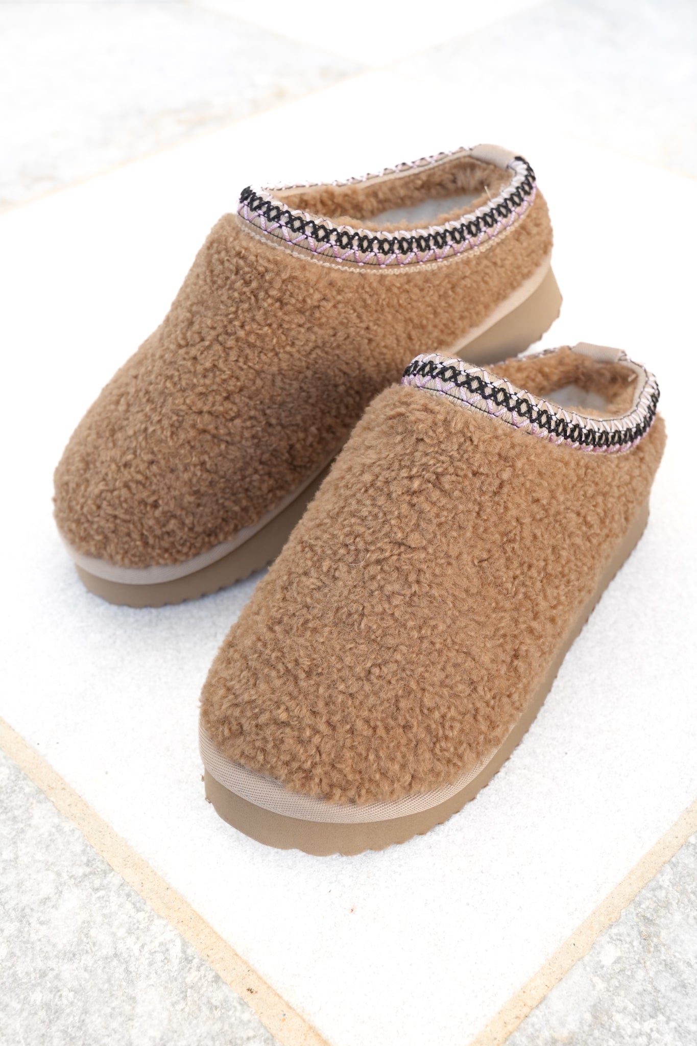 Corky's "Sleepy Head" Cozy Shearling Slip On Slippers with Embroidered Trim