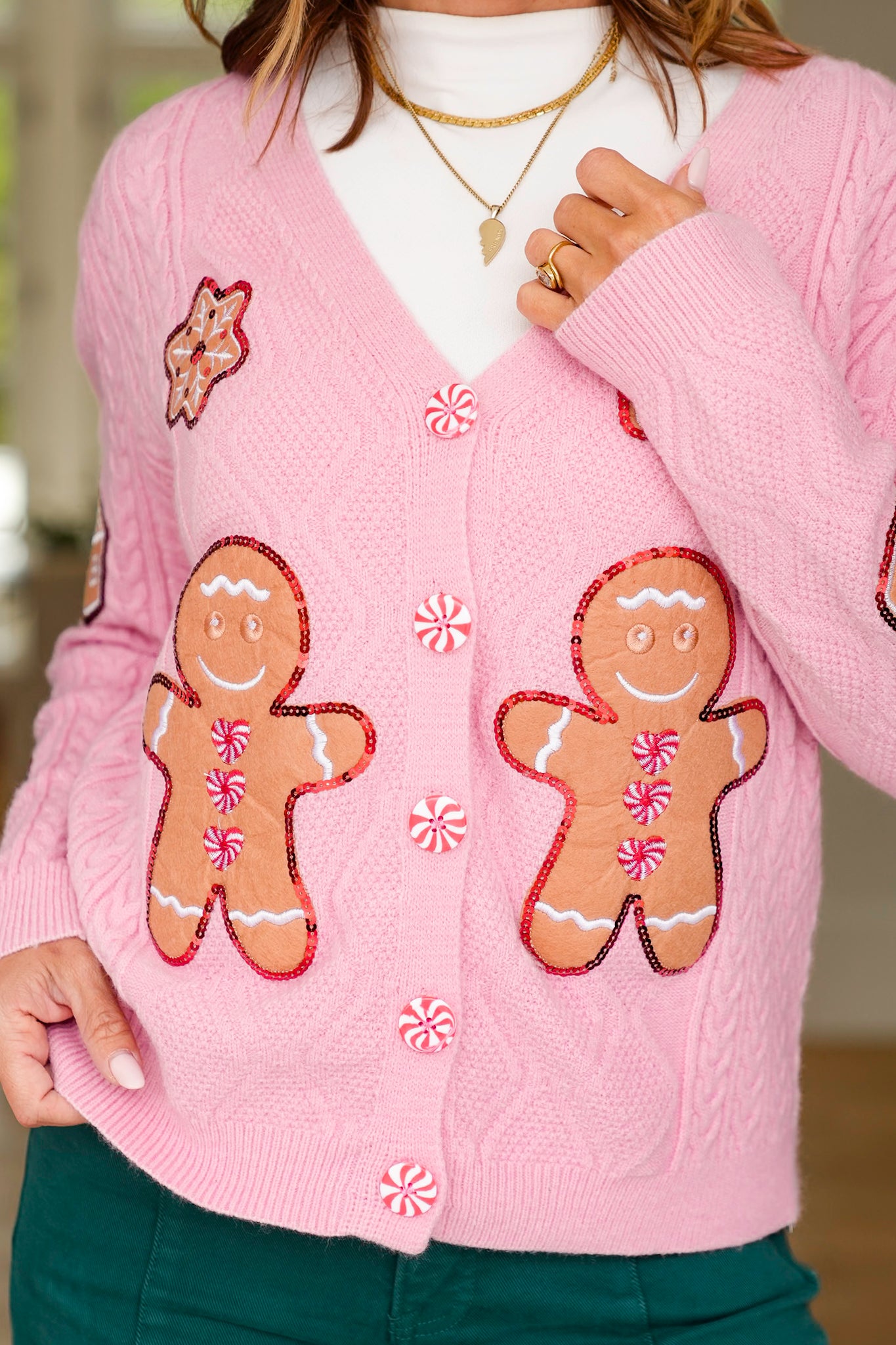 Plus/Reg Gingerbread Man Long Sleeve Button Cardigan