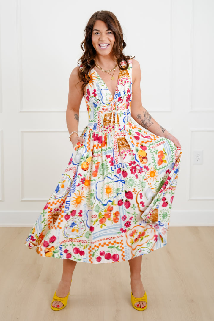 Print Sleeveless Double V Neck Midi Dress