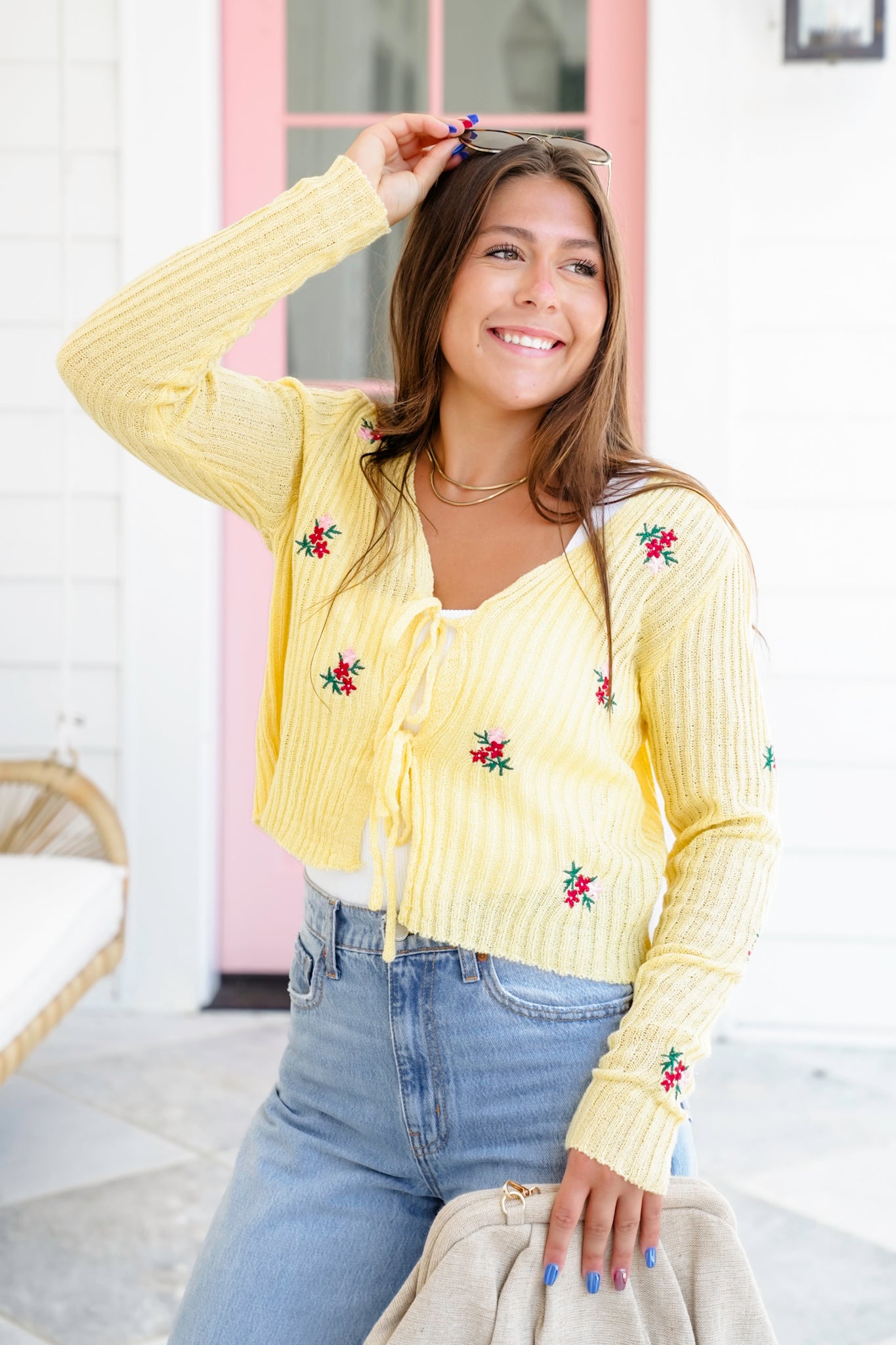 Ribbed Long Sleeve Front Tie Sweater with Floral Detail