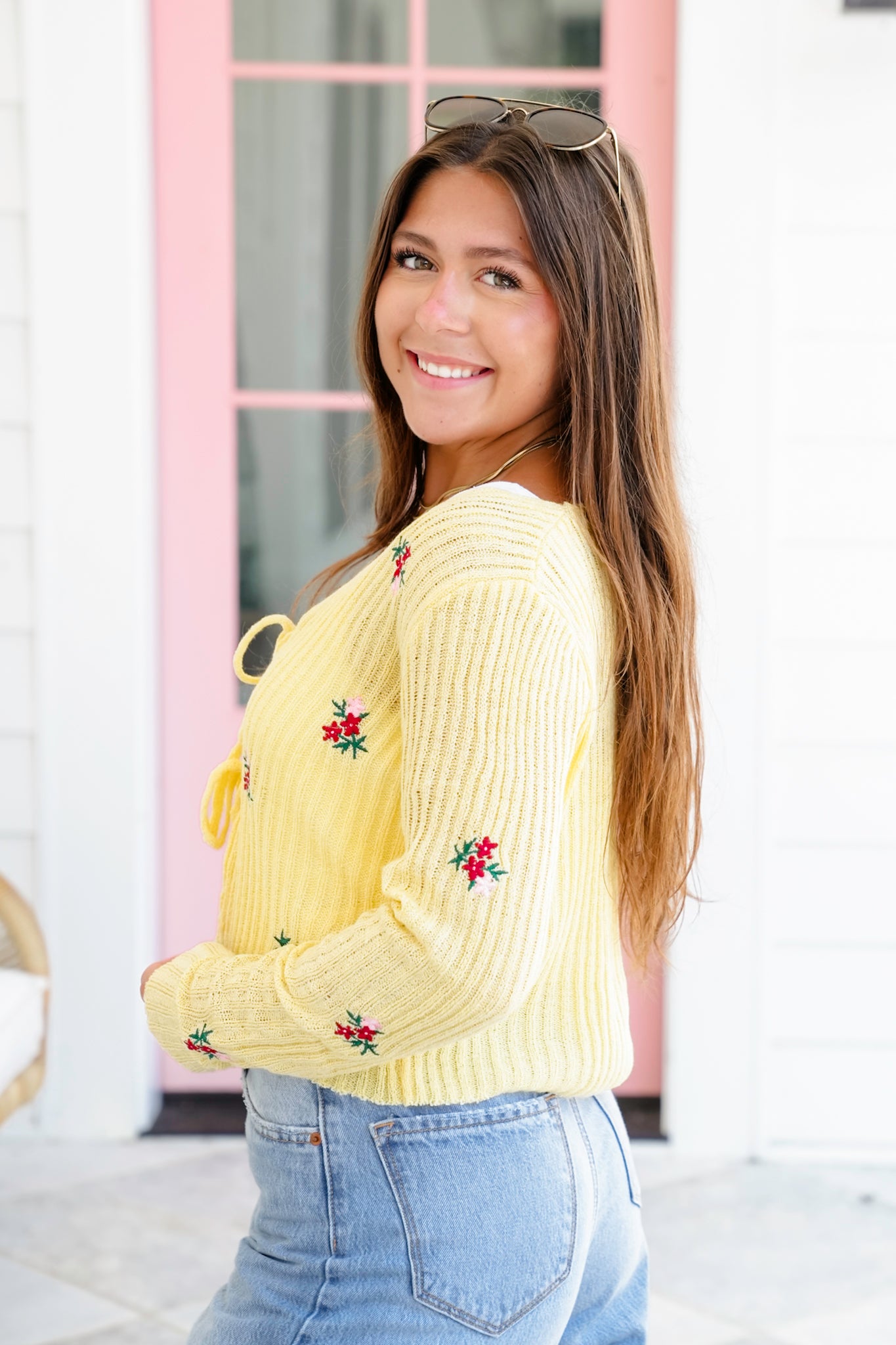 Ribbed Long Sleeve Front Tie Sweater with Floral Detail