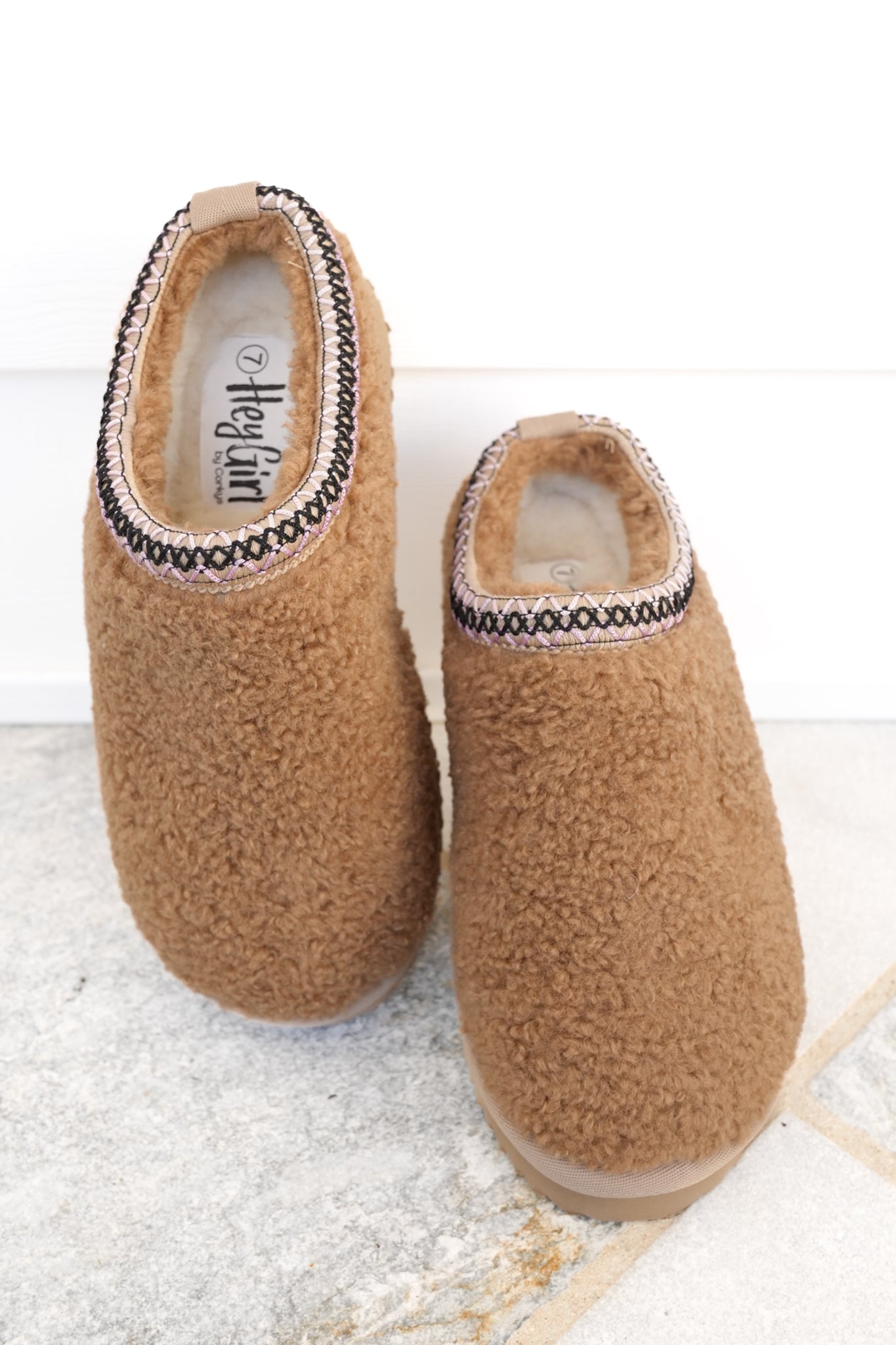 Corky's "Sleepy Head" Cozy Shearling Slip On Slippers with Embroidered Trim