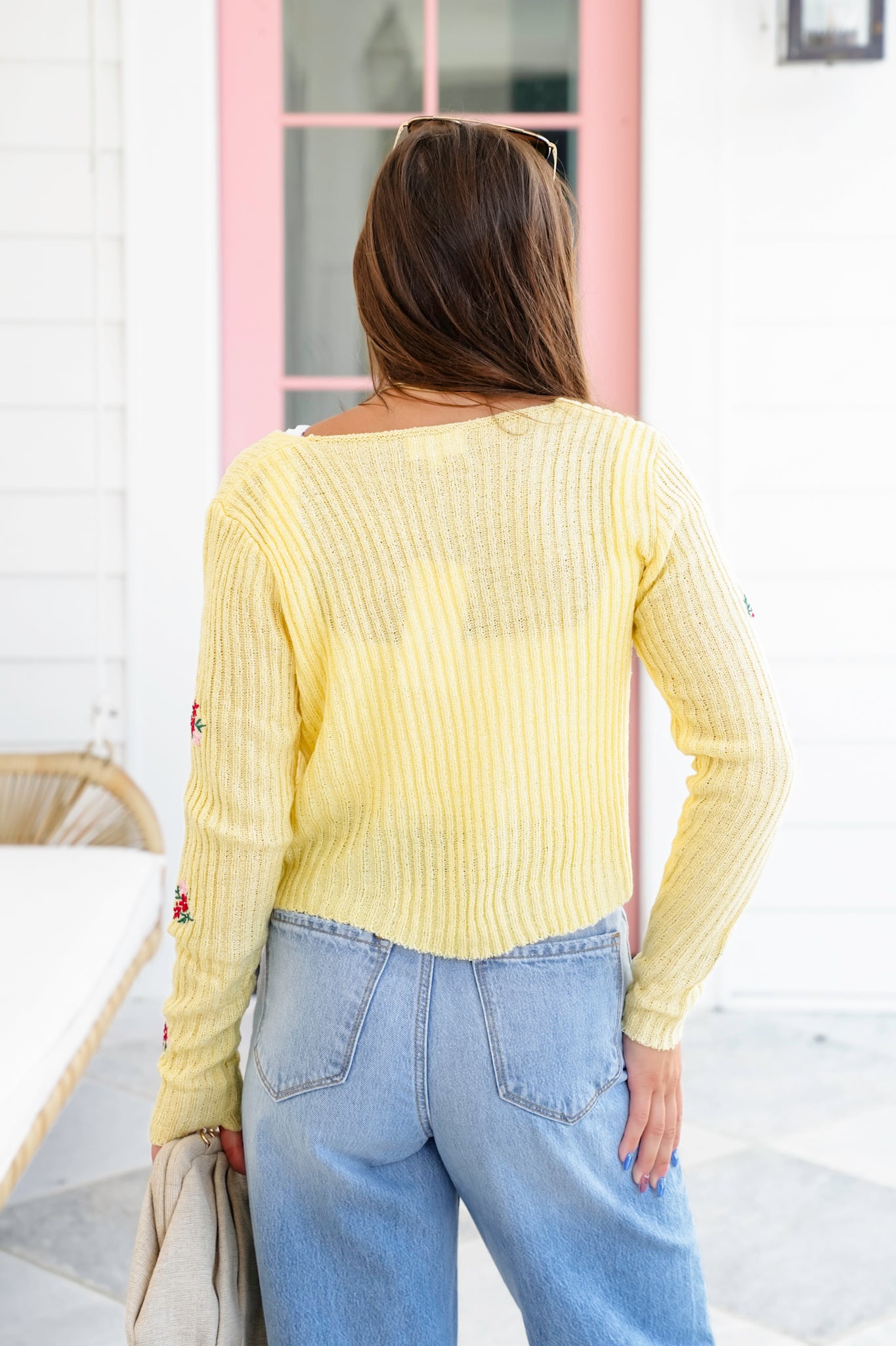 Ribbed Long Sleeve Front Tie Sweater with Floral Detail