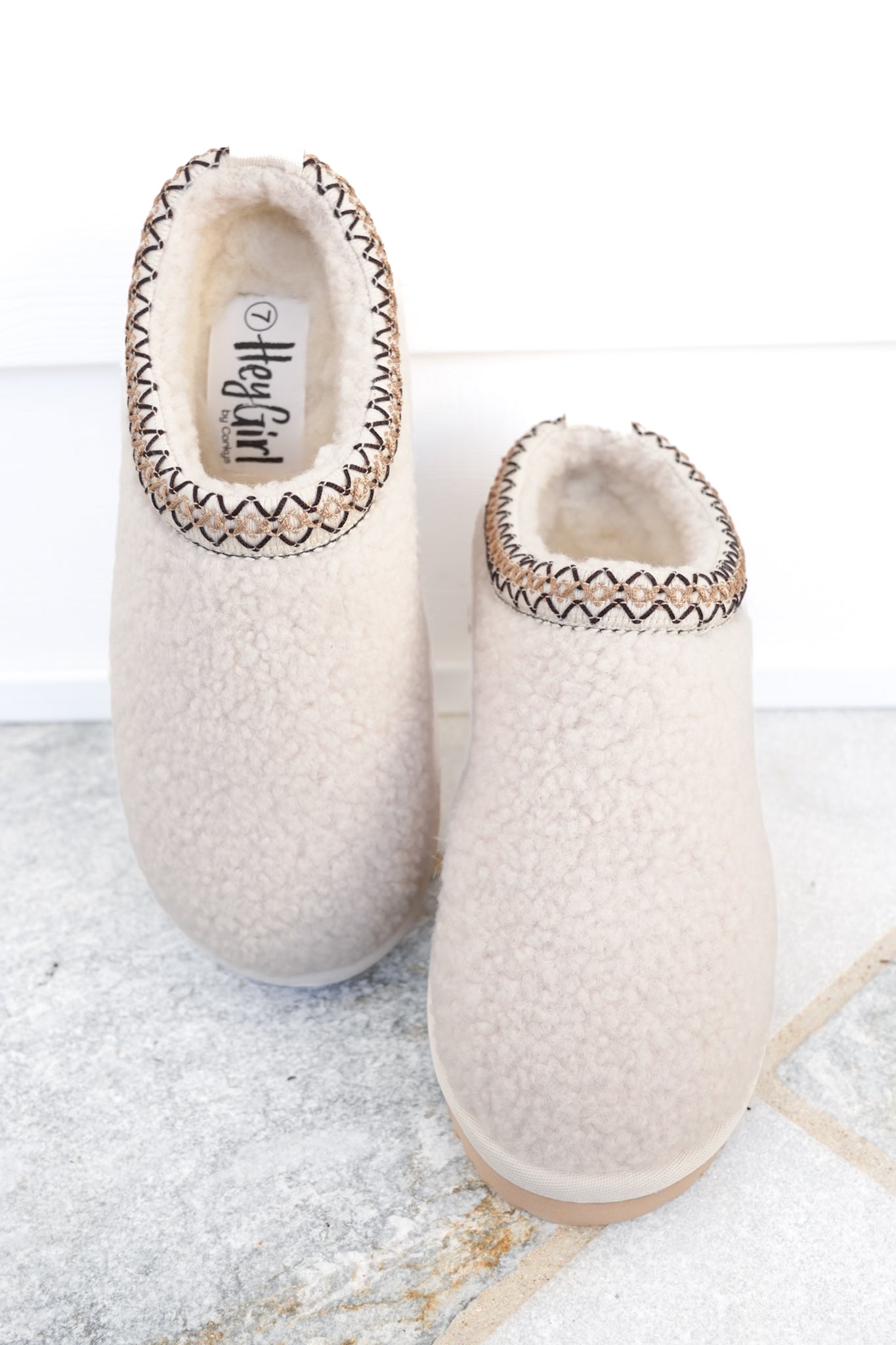 Corky's "Sleepy Head" Cozy Shearling Slip On Slippers with Embroidered Trim