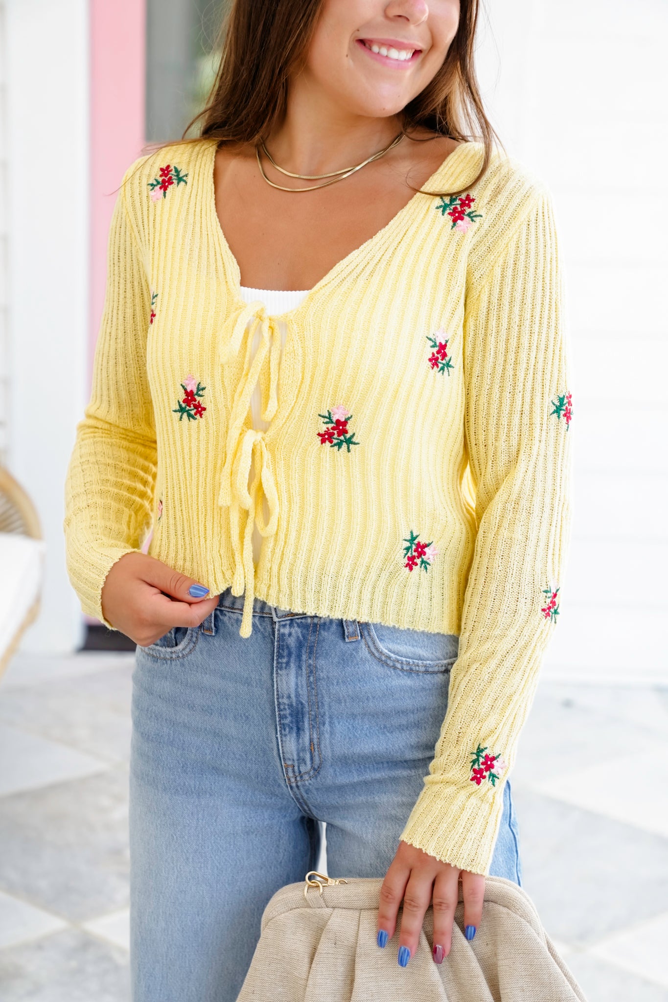 Ribbed Long Sleeve Front Tie Sweater with Floral Detail