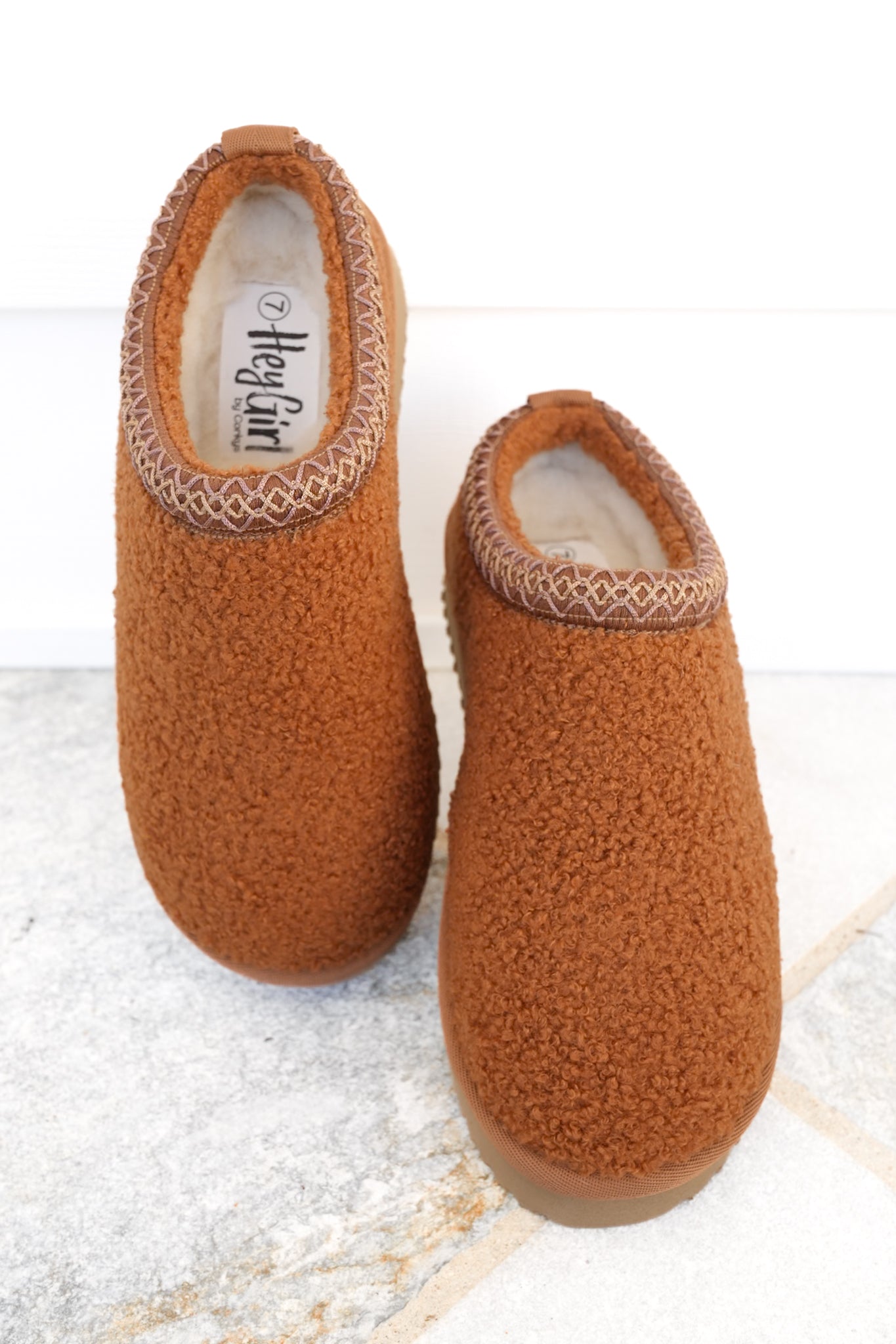 Corky's "Sleepy Head" Cozy Shearling Slip On Slippers with Embroidered Trim