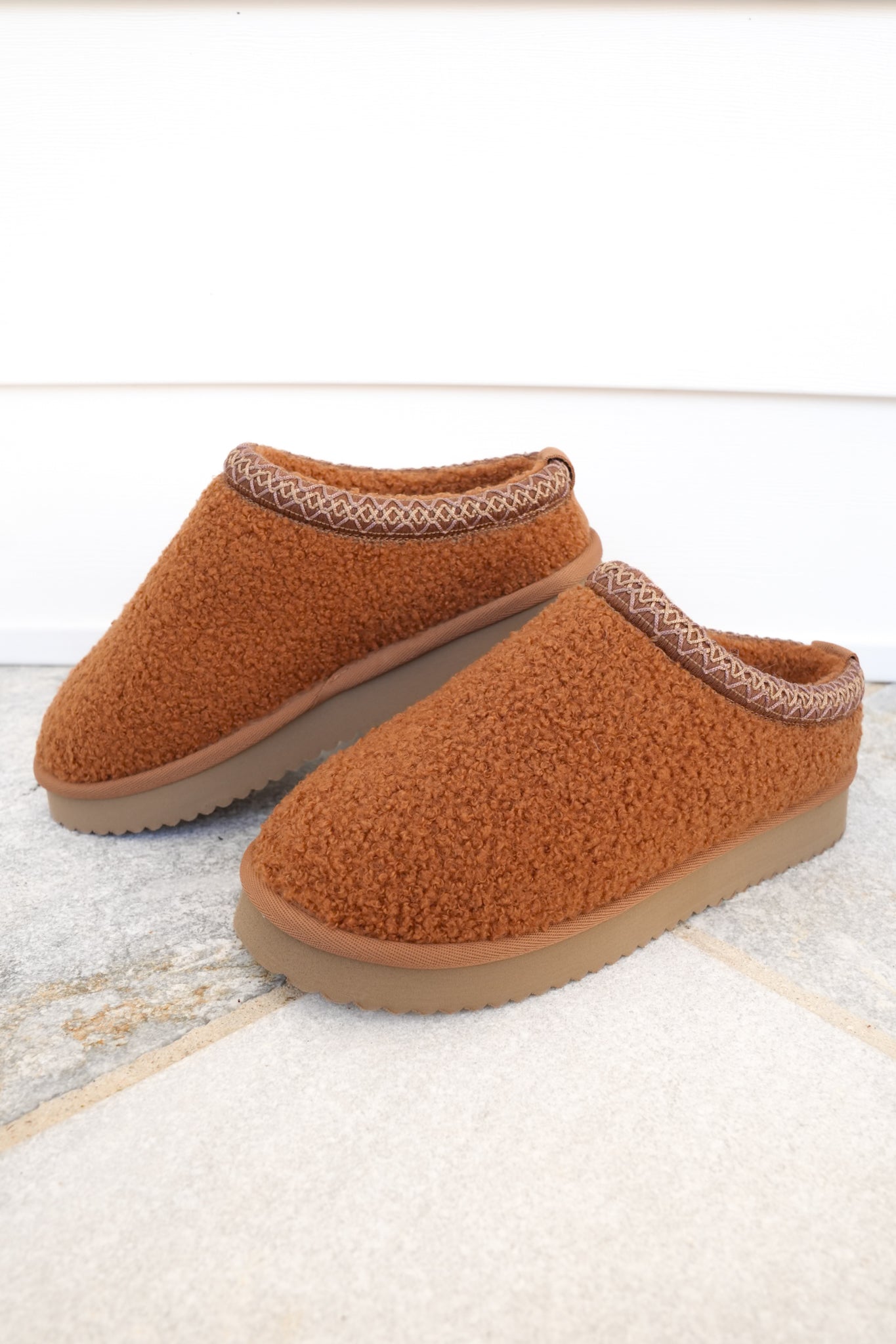 Corky's "Sleepy Head" Cozy Shearling Slip On Slippers with Embroidered Trim