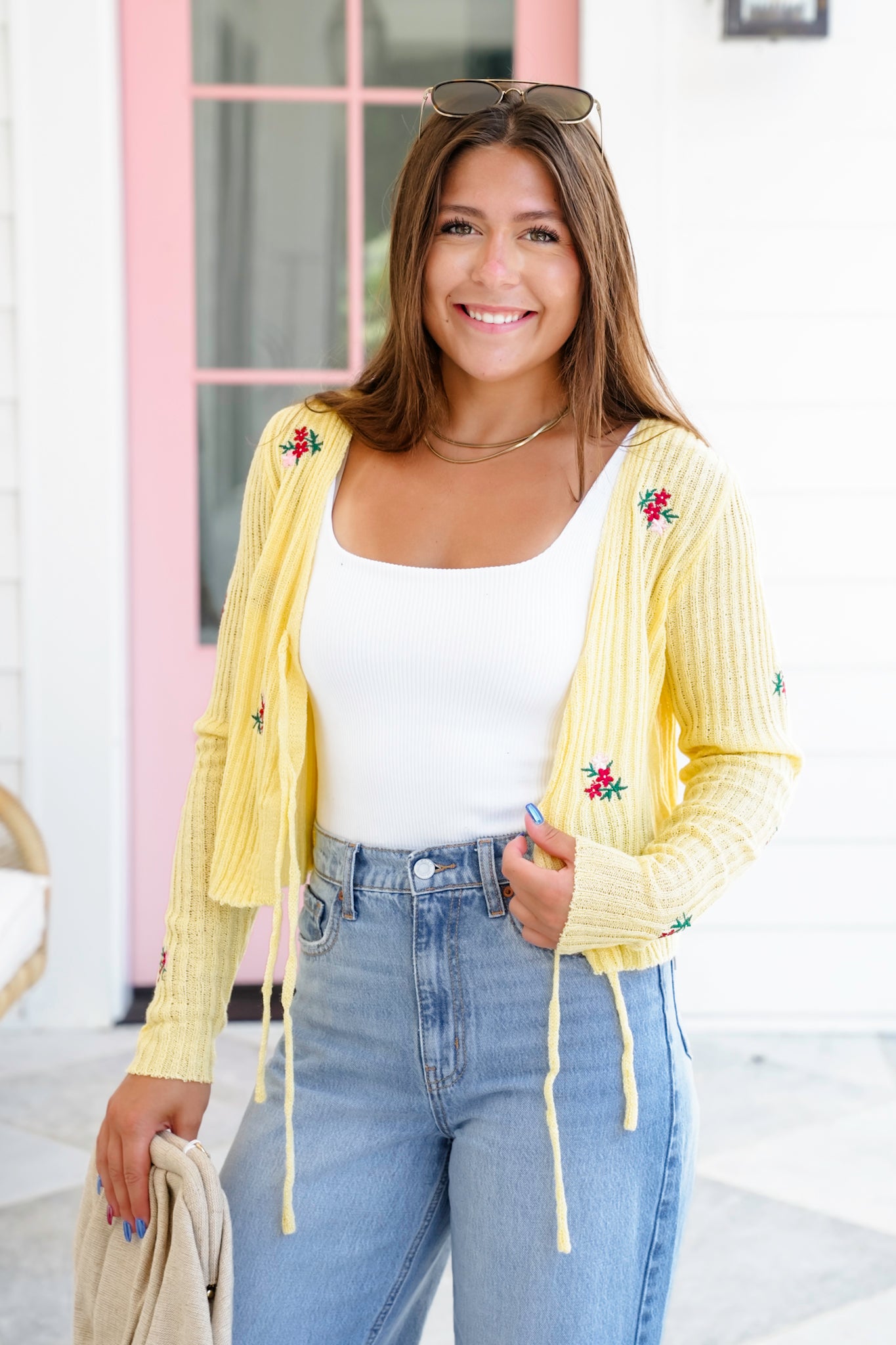 Ribbed Long Sleeve Front Tie Sweater with Floral Detail