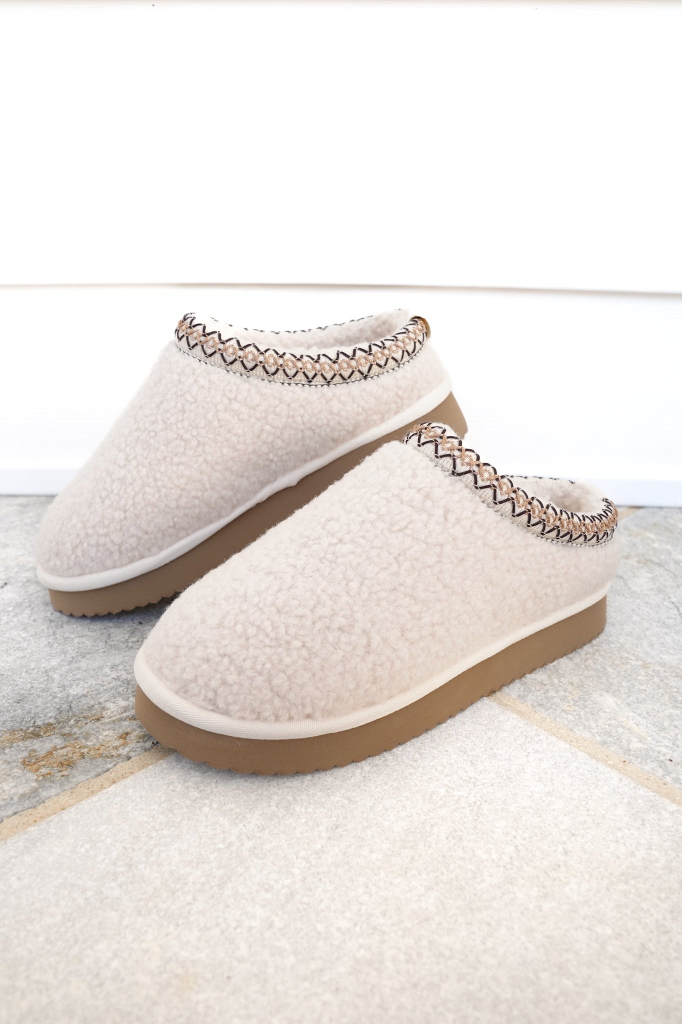 Corky's "Sleepy Head" Cozy Shearling Slip On Slippers with Embroidered Trim