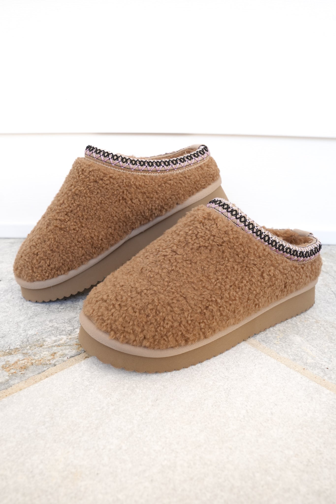 Corky's "Sleepy Head" Cozy Shearling Slip On Slippers with Embroidered Trim
