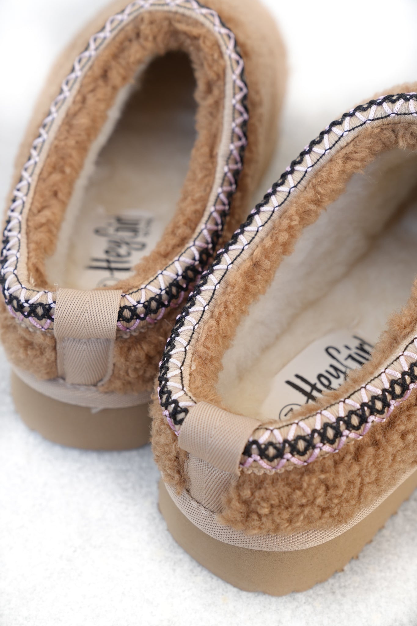 Corky's "Sleepy Head" Cozy Shearling Slip On Slippers with Embroidered Trim