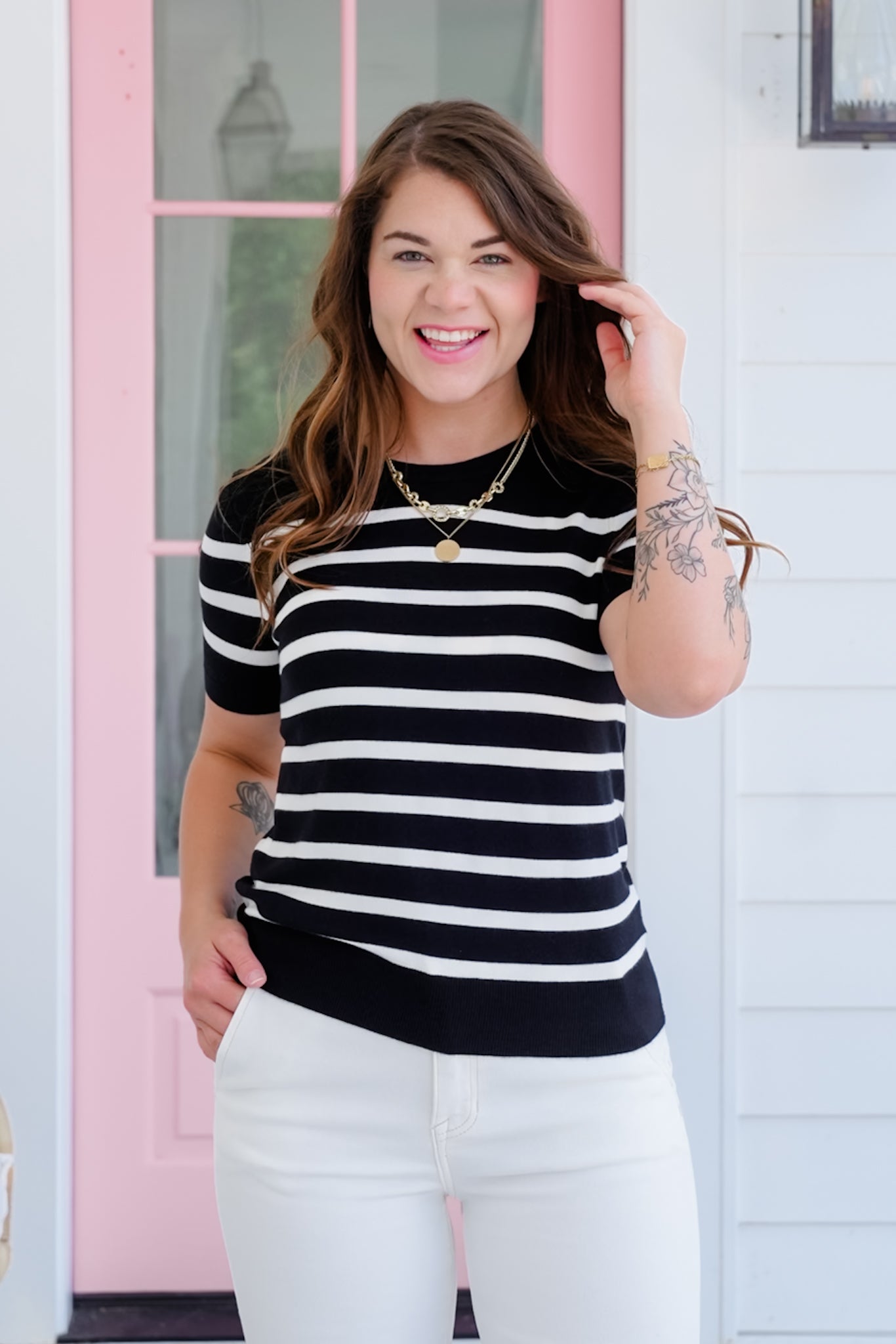 Stripe Short Sleeve Round Neck Sweater