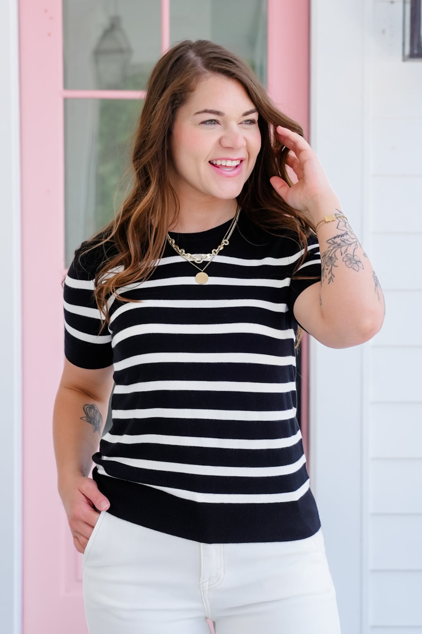 Stripe Short Sleeve Round Neck Sweater