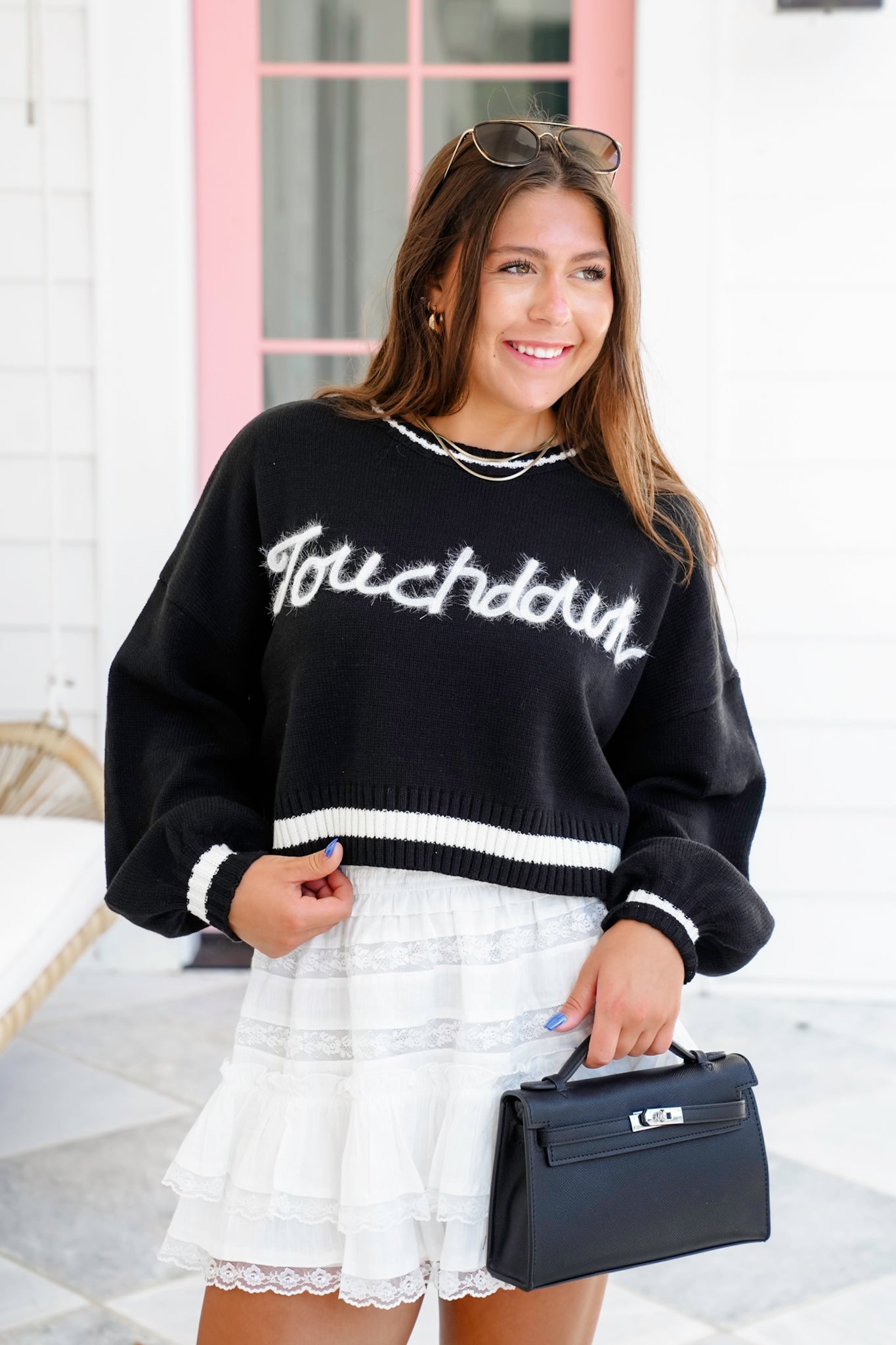 Long Sleeve Tinsel " Touch Down" Crop Sweater