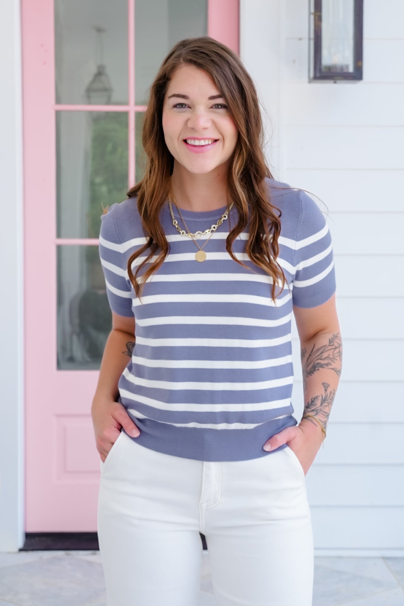 Stripe Short Sleeve Round Neck Sweater