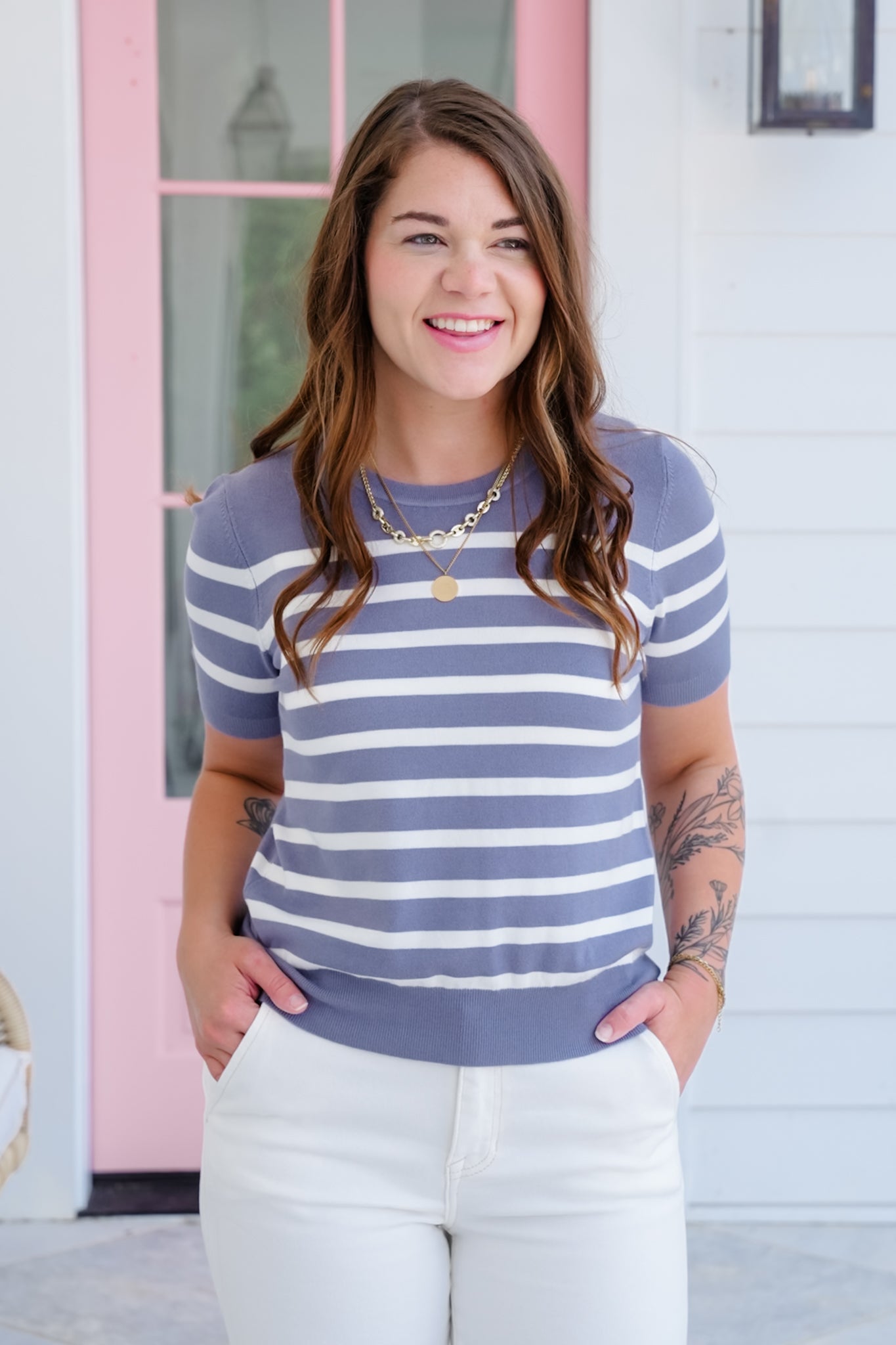Stripe Short Sleeve Round Neck Sweater