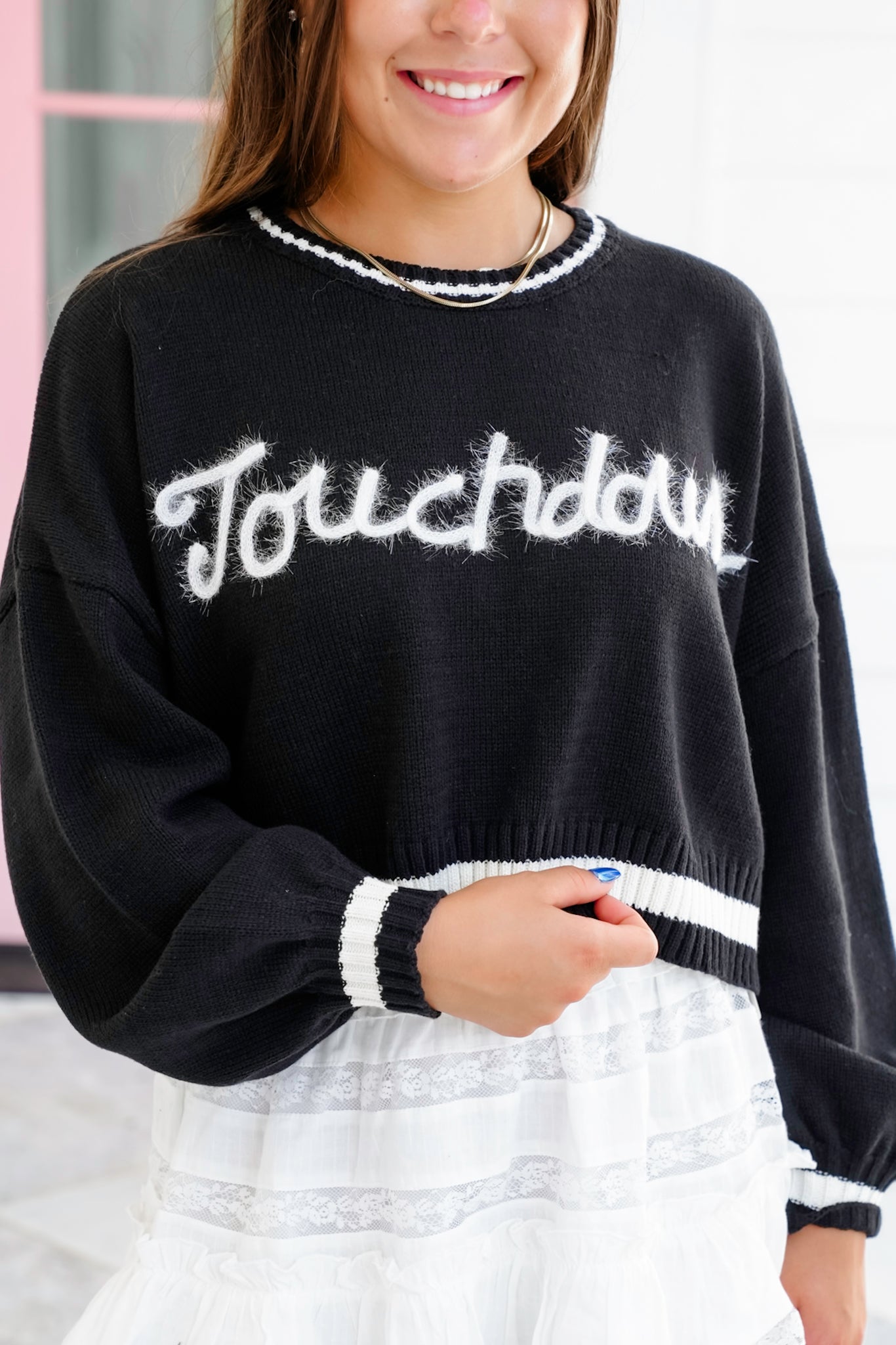 Long Sleeve Tinsel " Touch Down" Crop Sweater