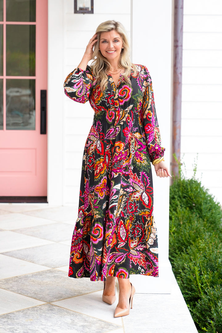 Floral Paisley Long Sleeve V Neck Maxi Dress