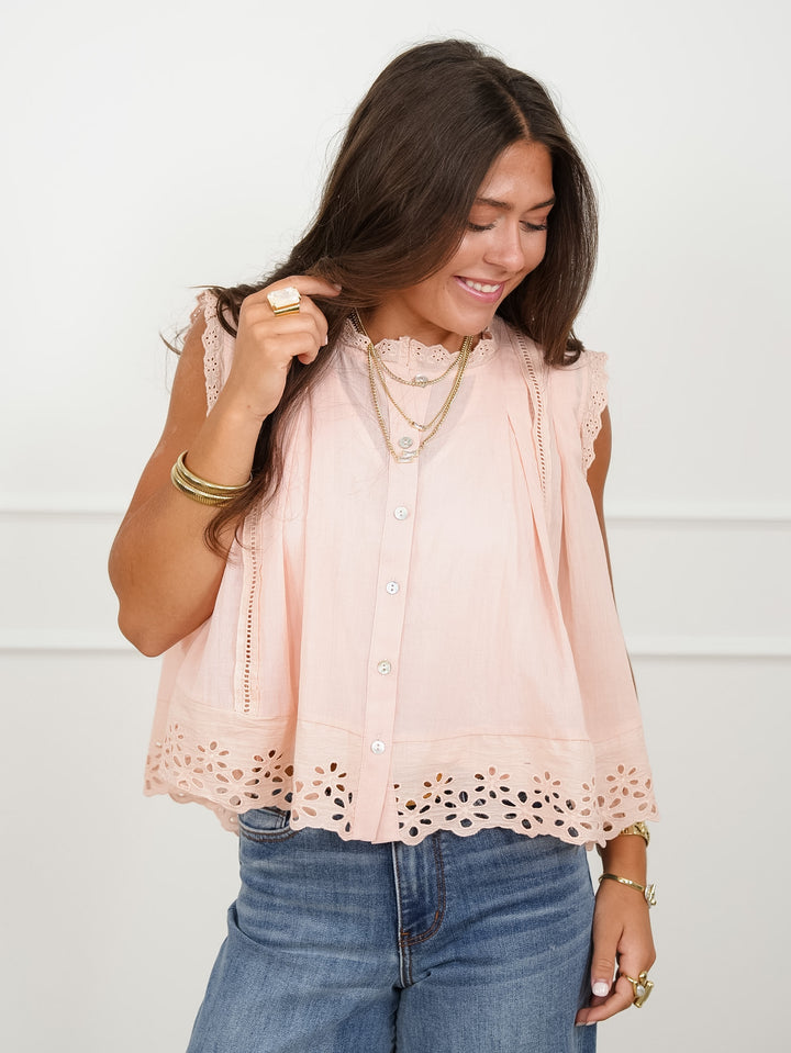 Sleeveless Pleated Button Down Top with Eyelet Trim