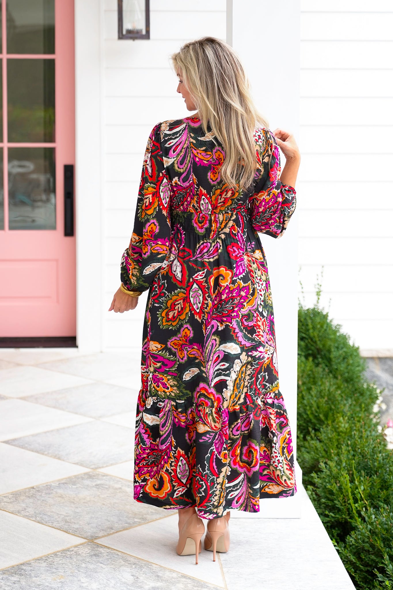 Floral Paisley Long Sleeve V Neck Maxi Dress