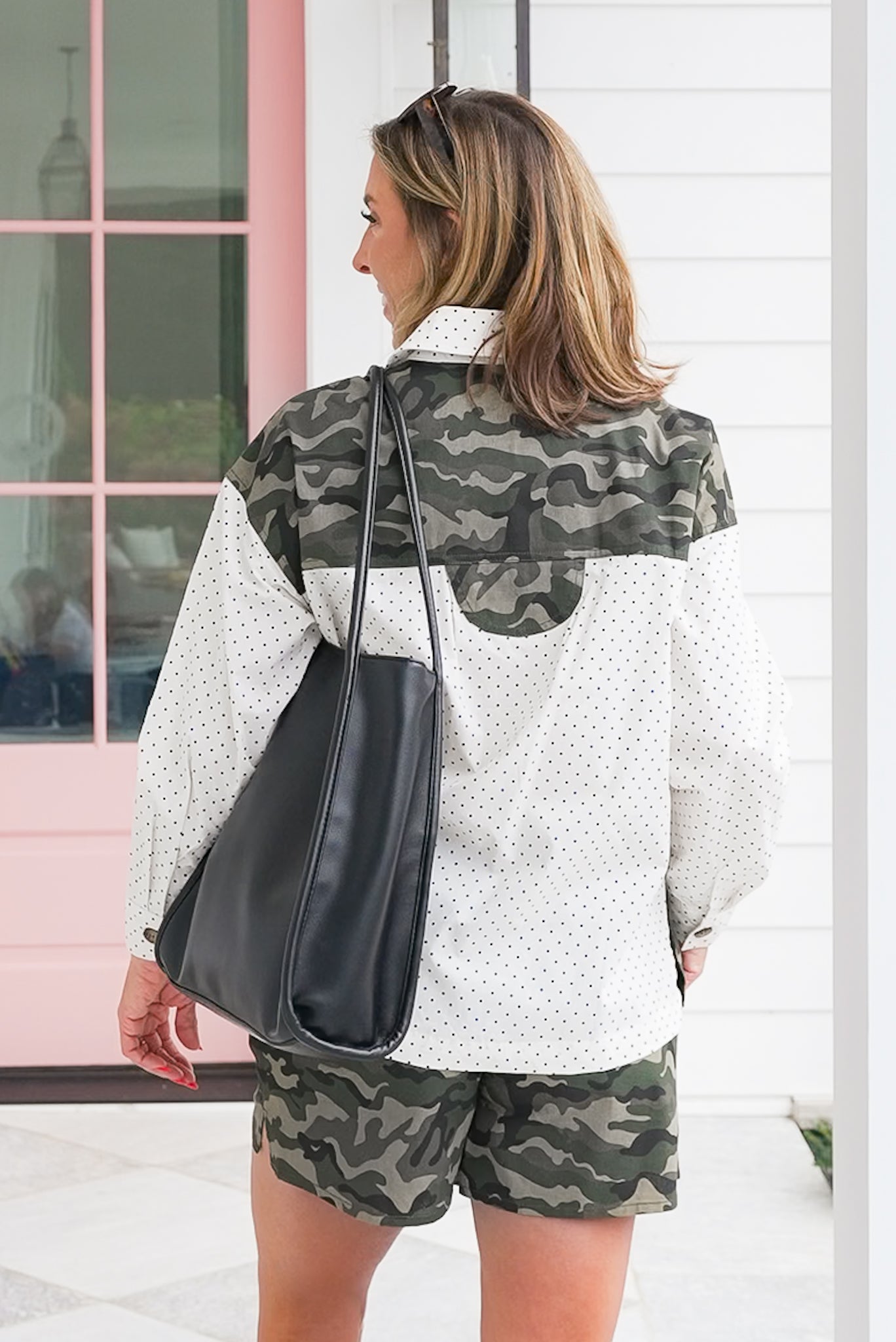 Plus/Reg Camo Polka Dot Long Sleeve Top and Shorts Set