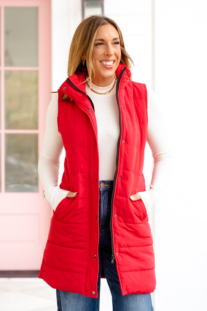 Plus/Reg Red Sleeveless Button Down Long Vest