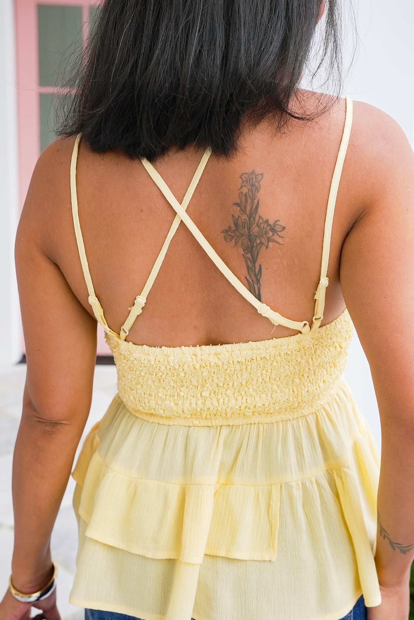 Yellow Sleeveless Layered Crop Top with Lace Detail