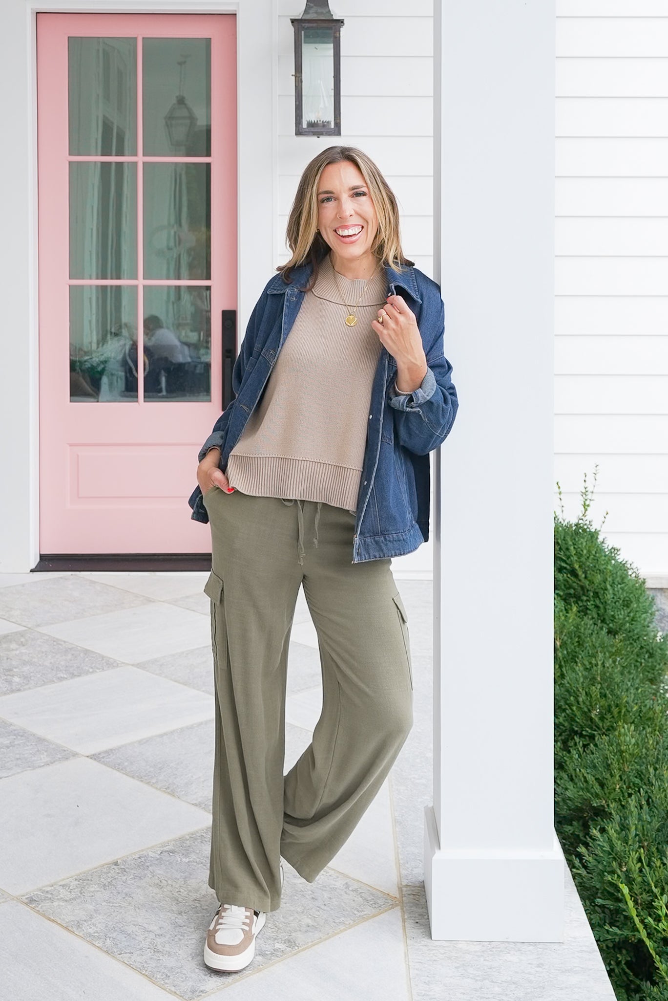 Linen Blend Elastic Waist Cargo Pants