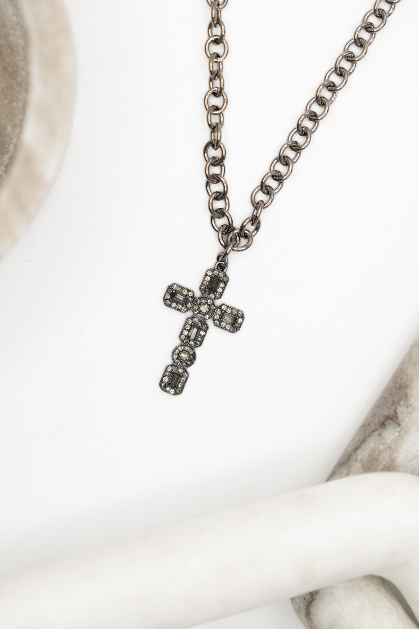 Love, Poppy Gunmetal Crystal Embedded Cross Necklace
