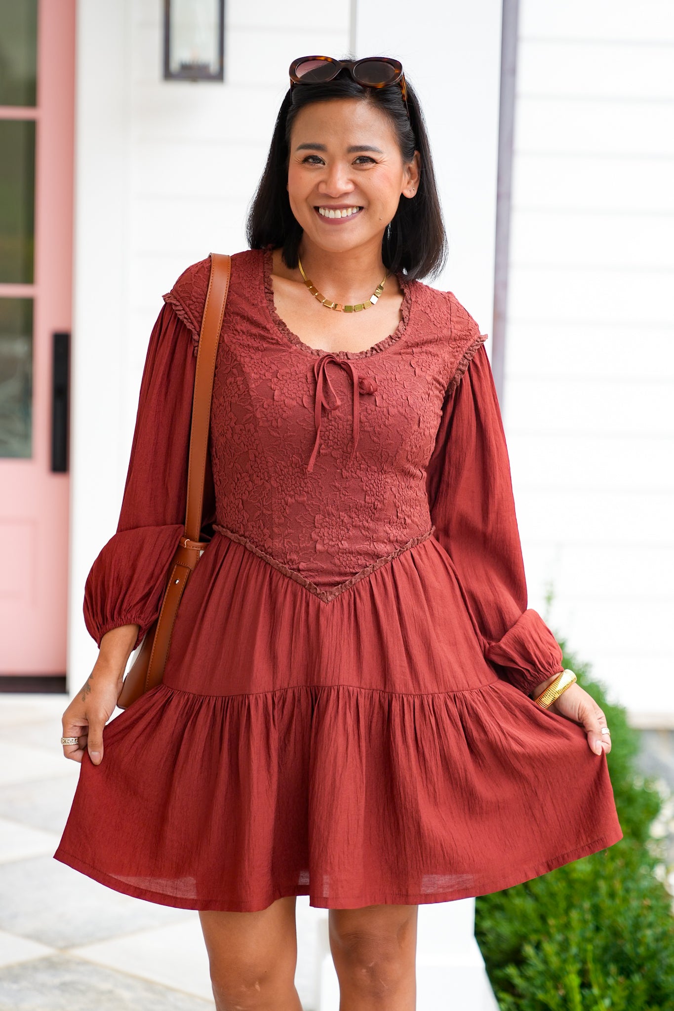 Brick Long Sleeve Drop Waist Dress