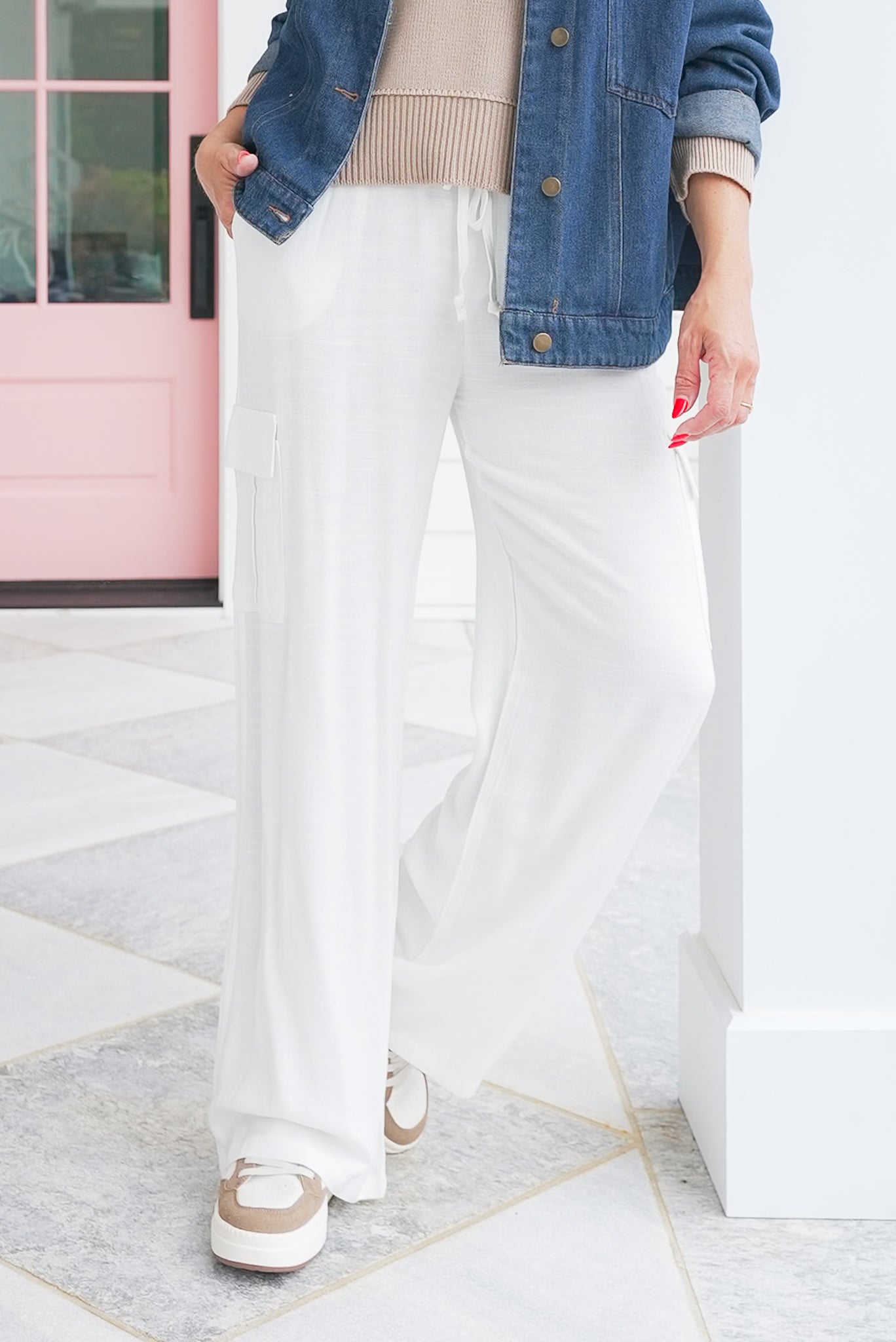 Linen Blend Elastic Waist Cargo Pants